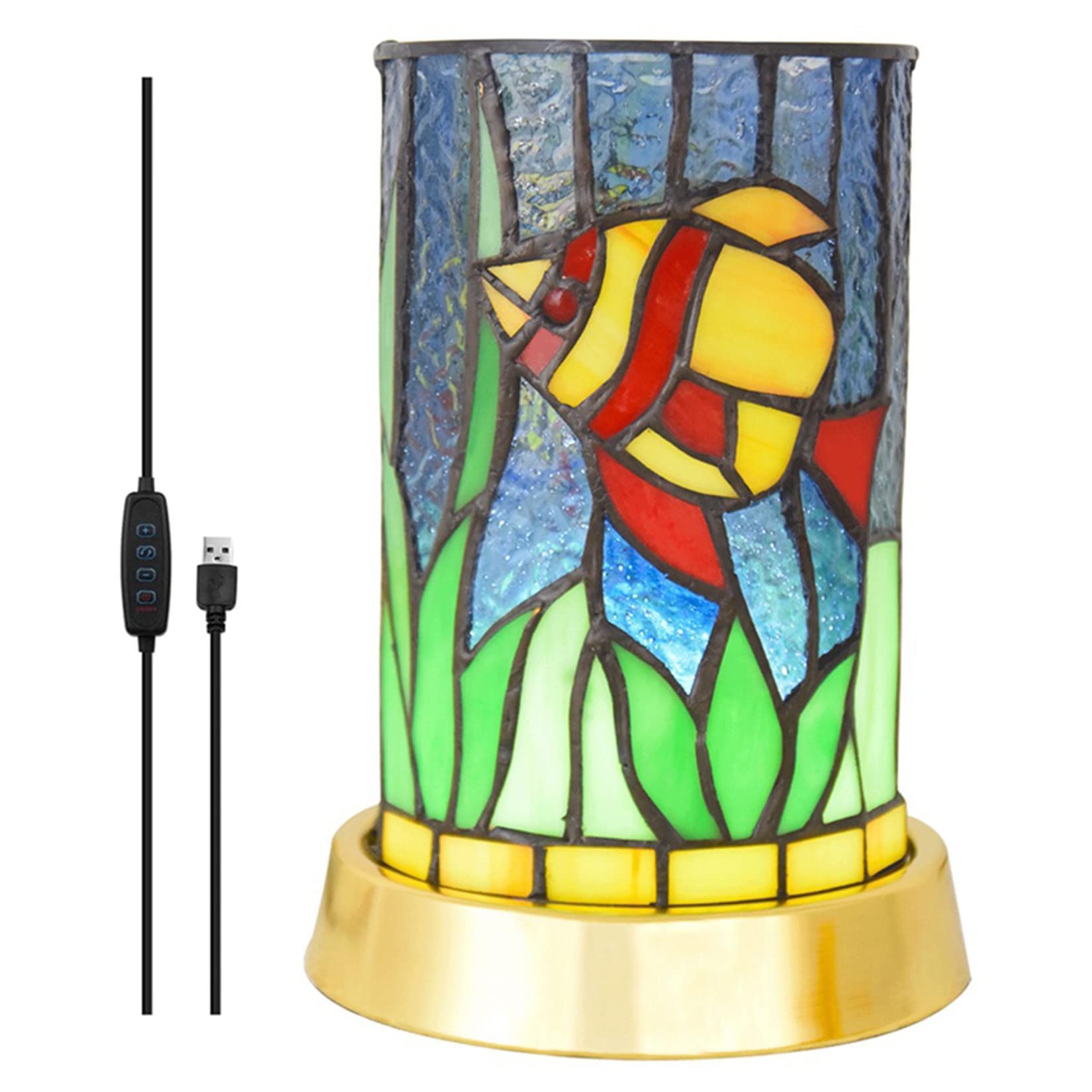 Tiffany Style Kids Night Light - Cute Fish Stained Glass LED Table Lamp with 3 Color Modes, USB Port & Pen Holder | Dimmable Bedside Lamp for Nursery, Kids Room Decor & Study Desk Accessory