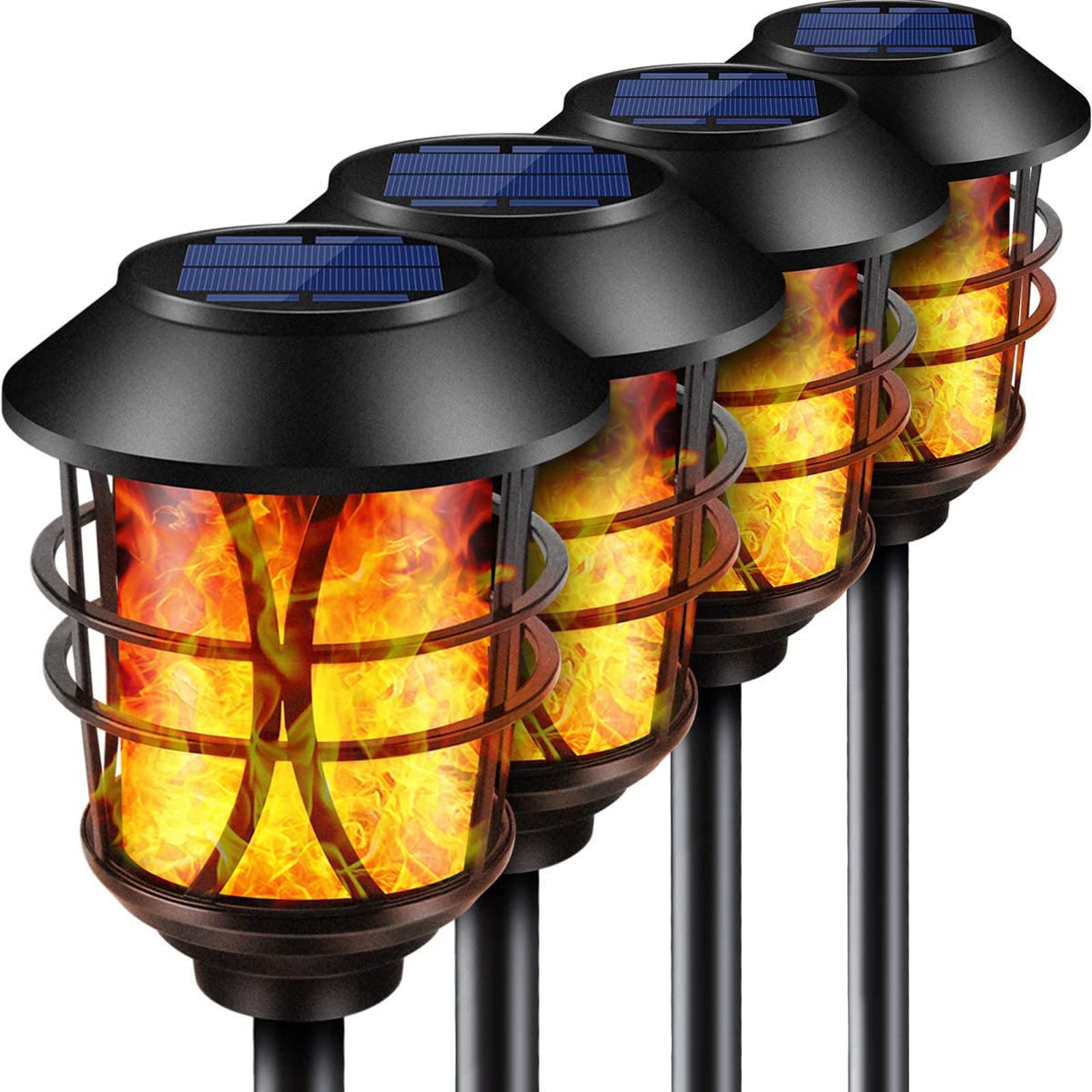TomCare 4 Pack Solar Torch Lights Outdoor - Waterproof Flickering Flame Solar Pathway Lights for Garden, Patio, Yard - Dusk to Dawn Auto On/Off, Heavy Duty Metal Landscape Lighting - Perfect for Backyard Decor, Walkway Illumination & Evening Ambiance