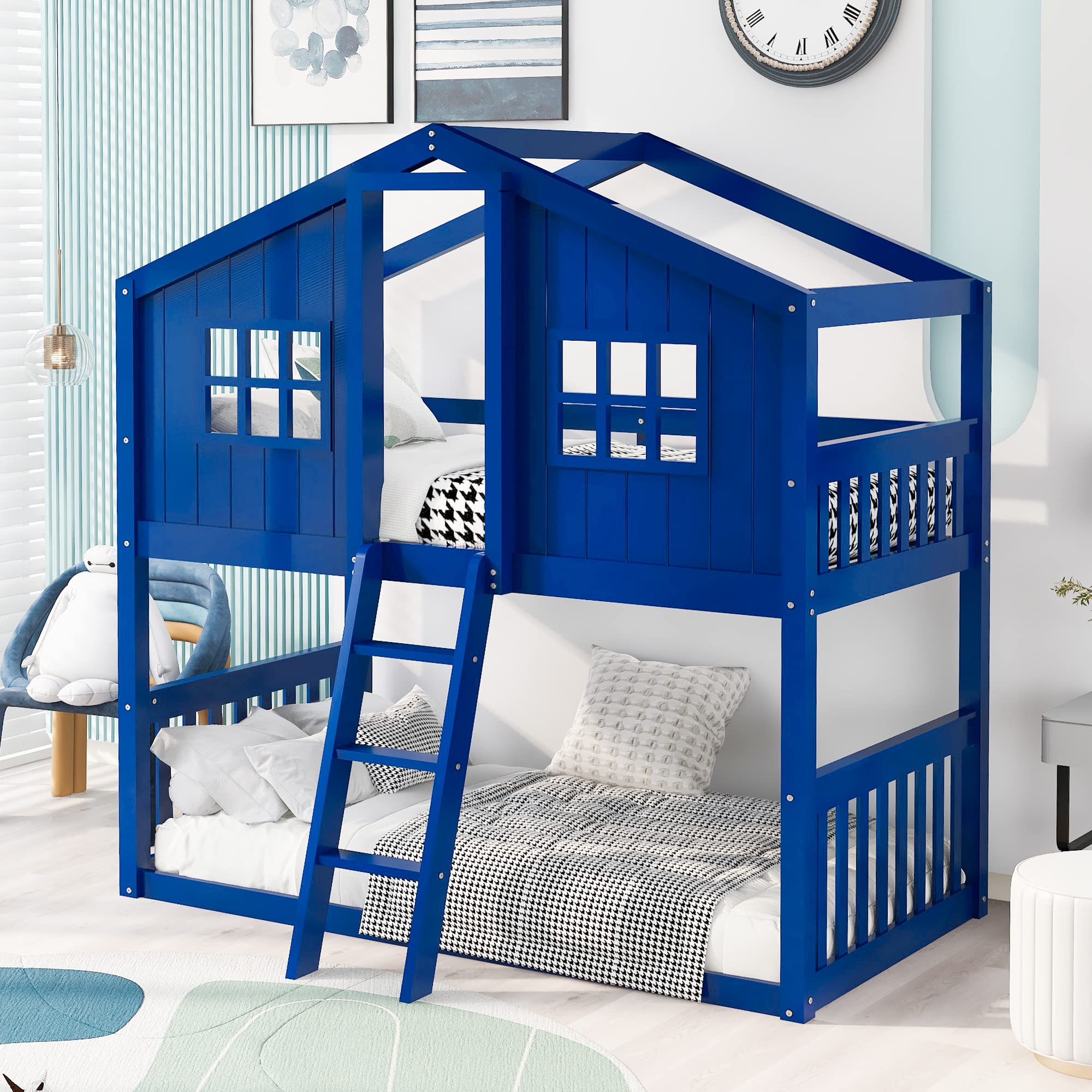 Wooden Twin Over Twin Bunk Bed with Roof for Kids - Low Profile Bunk Bed Frame for Boys, Girls & Teens (Blue) - Perfect for Small Bedrooms, Kids' Rooms & Sleepovers