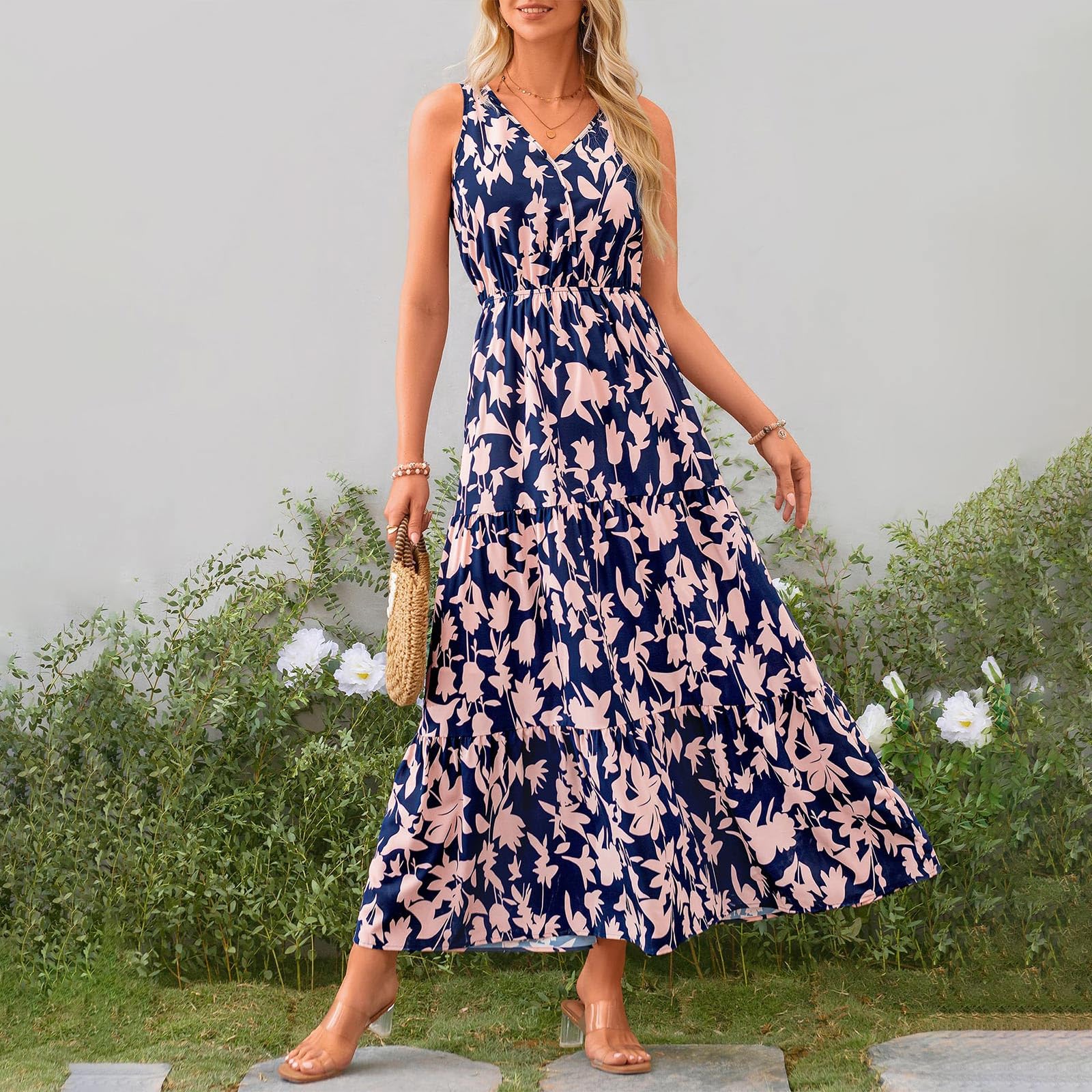 2024 Women's Floral Maxi Dress - Sleeveless V-Neck Loose Flowing Sundress for Casual Wear & Guest Occasions | Summer Beach, Party, Vacation Outfit