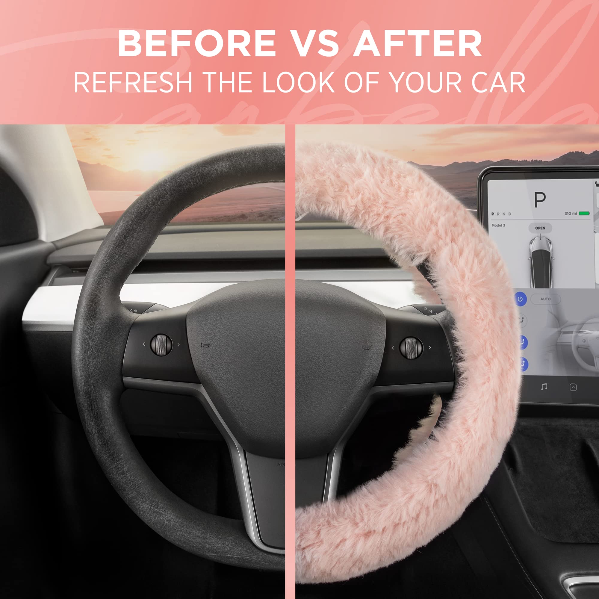 Soft Pink Fuzzy Steering Wheel Cover - Standard 15 Inch Universal Fit for Most Cars, Cute Faux Fur Steering Wheel Protector with Plush Fluffy Touch - Perfect Car Accessory for Women - Great for Winter Driving & Stylish Interior Upgrade