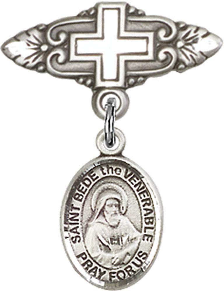 Sterling Silver Baby Badge with St. Bede the Venerable Charm & Cross Pin - Handmade in USA | Baptism Gift, First Communion, Christening Keepsake for Infants & Toddlers