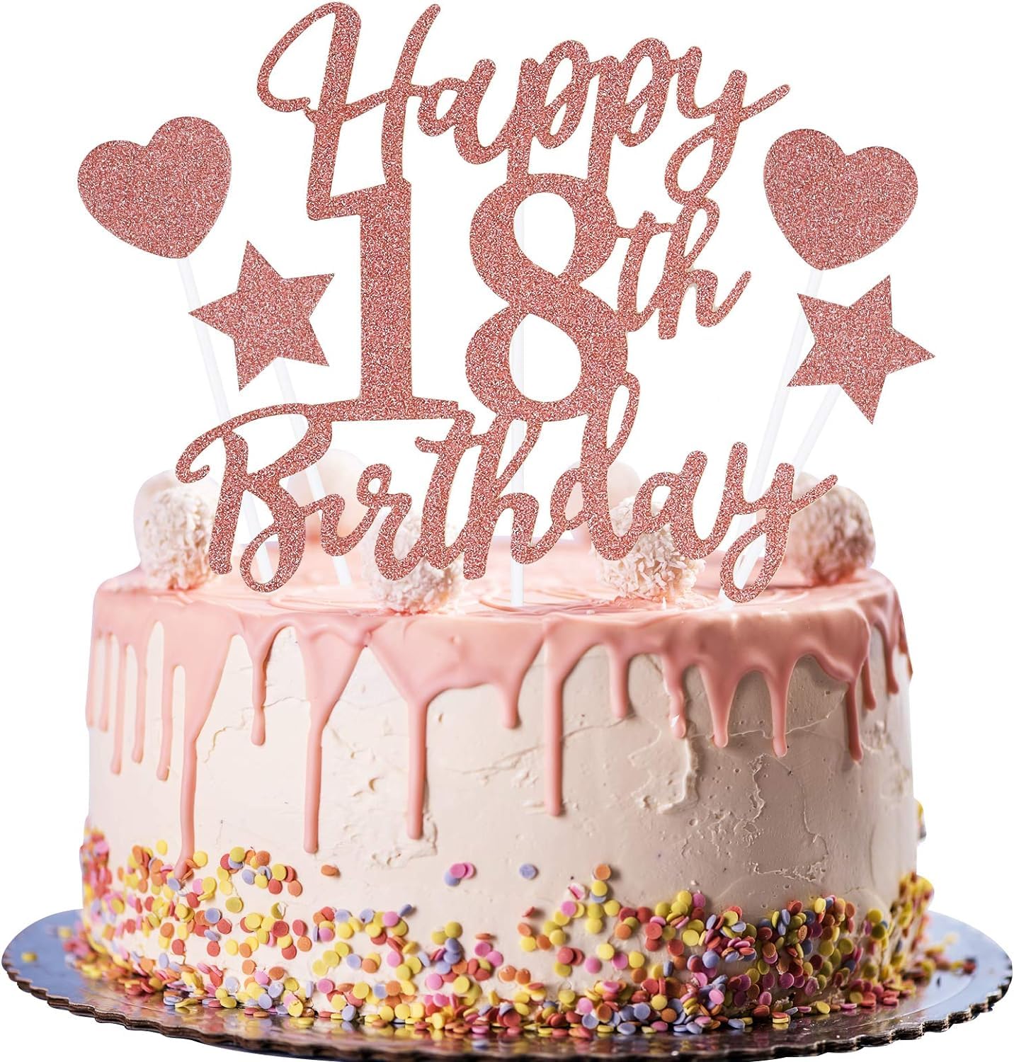 Rose Gold Happy 18th Birthday Cake Topper with Star & Heart Design - Elegant Cake Decorations for Girls' Birthday Parties, Sweet 16 Celebrations & Milestone Cakes