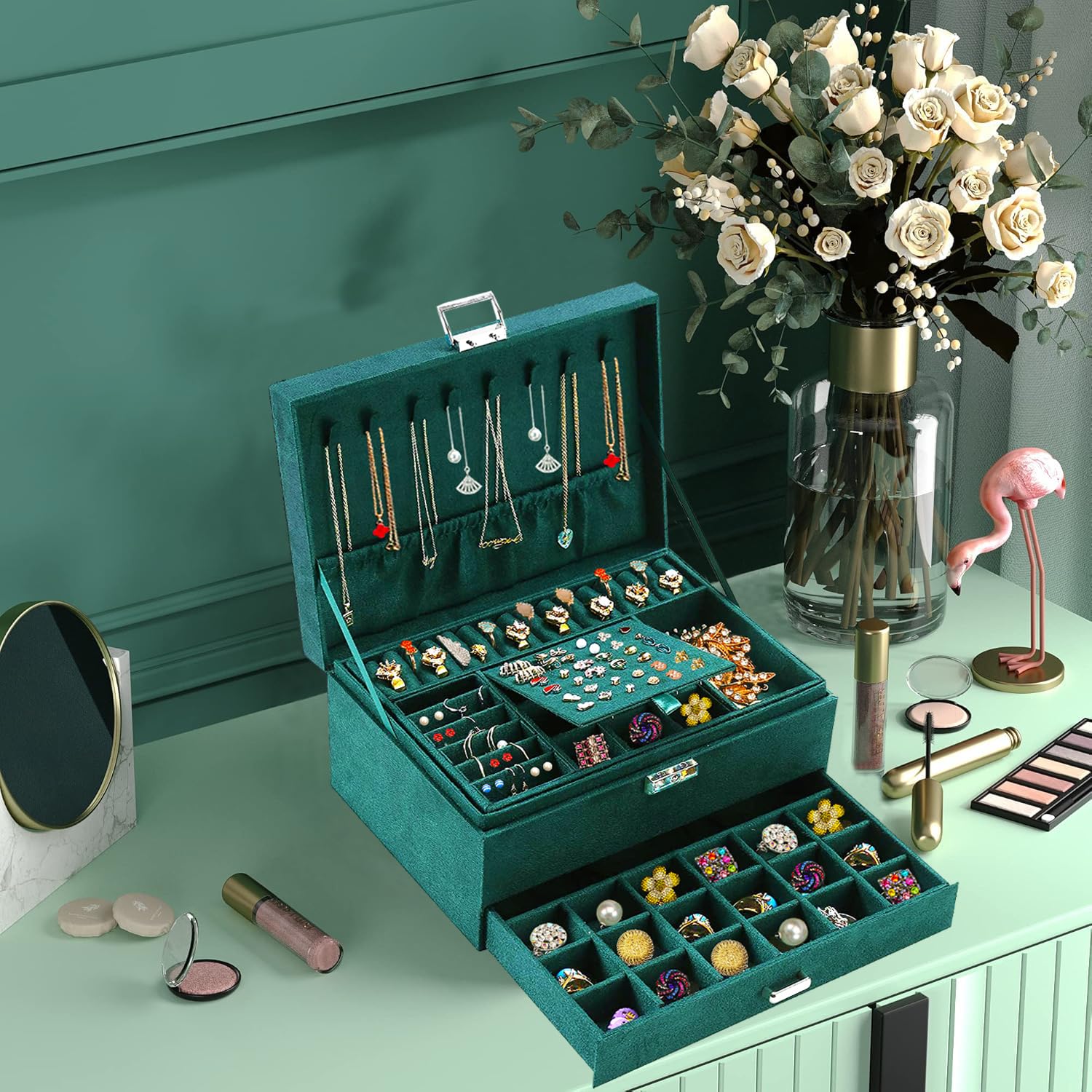 Elegant Green Velvet Jewelry Box with Lock - Women's Jewelry Organizer for Necklaces, Earrings, Rings & Bracelets | Perfect Gift for Teens & Women | Ideal for Travel, Home Storage & Gift Giving
