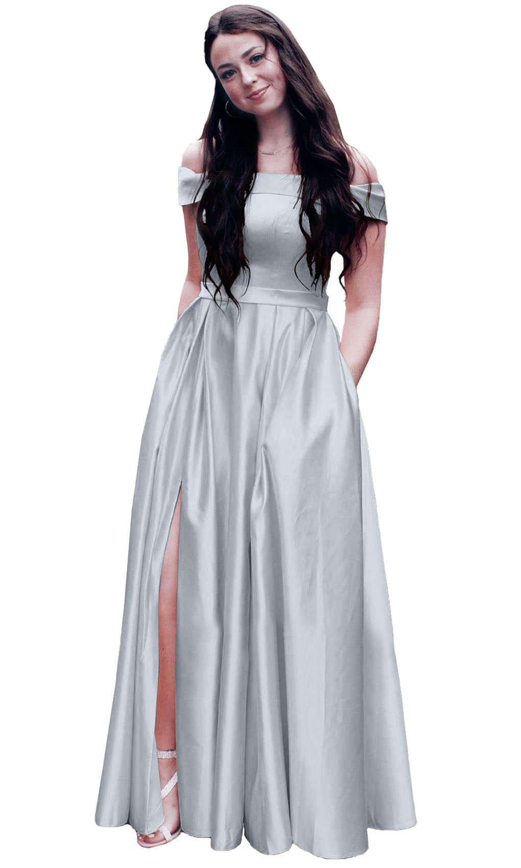 ANGELWARDROBE Women's Long Off Shoulder Prom Dress - Elegant Satin A-Line Evening Gown with Slit Pockets for Formal Parties, Homecoming & Special Occasions