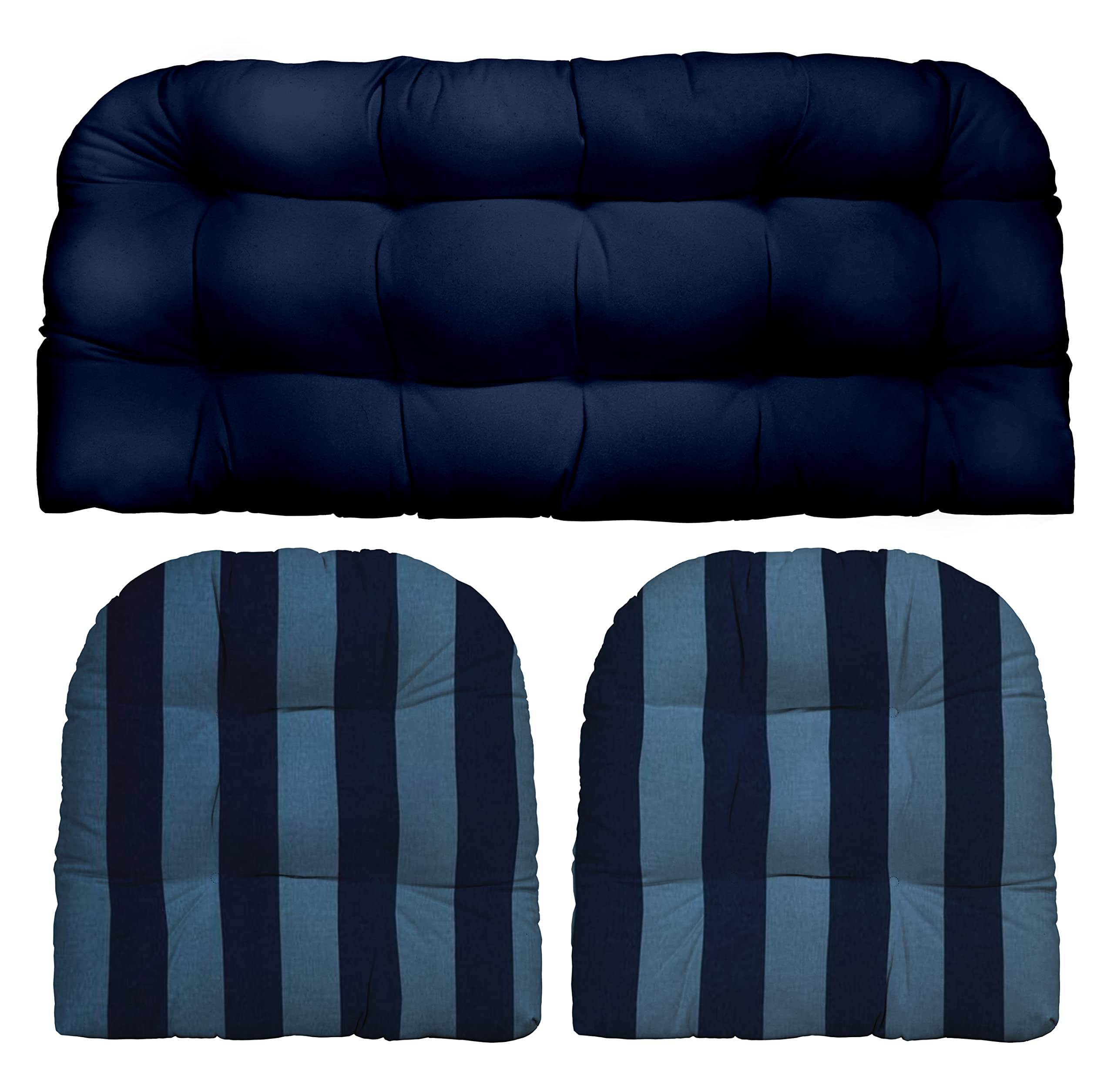 **RSH DECOR: 3-Piece Wicker Tufted Cushion Set for Outdoor Furniture – Water & Fade-Resistant Spun Fabric in Navy Blue & Capri Blue – Perfect for Patio Loveseats, U-Shaped Sectionals, and Wicker Sets**