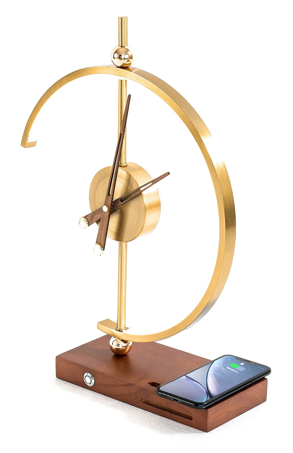 Flavio Russo Golden Time Decorative LED Desk Lamp with 12-Hour Clock, Qi Wireless Charger & USB Port - Perfect for Home Office, Bedroom Nightstand, and Gift Giving