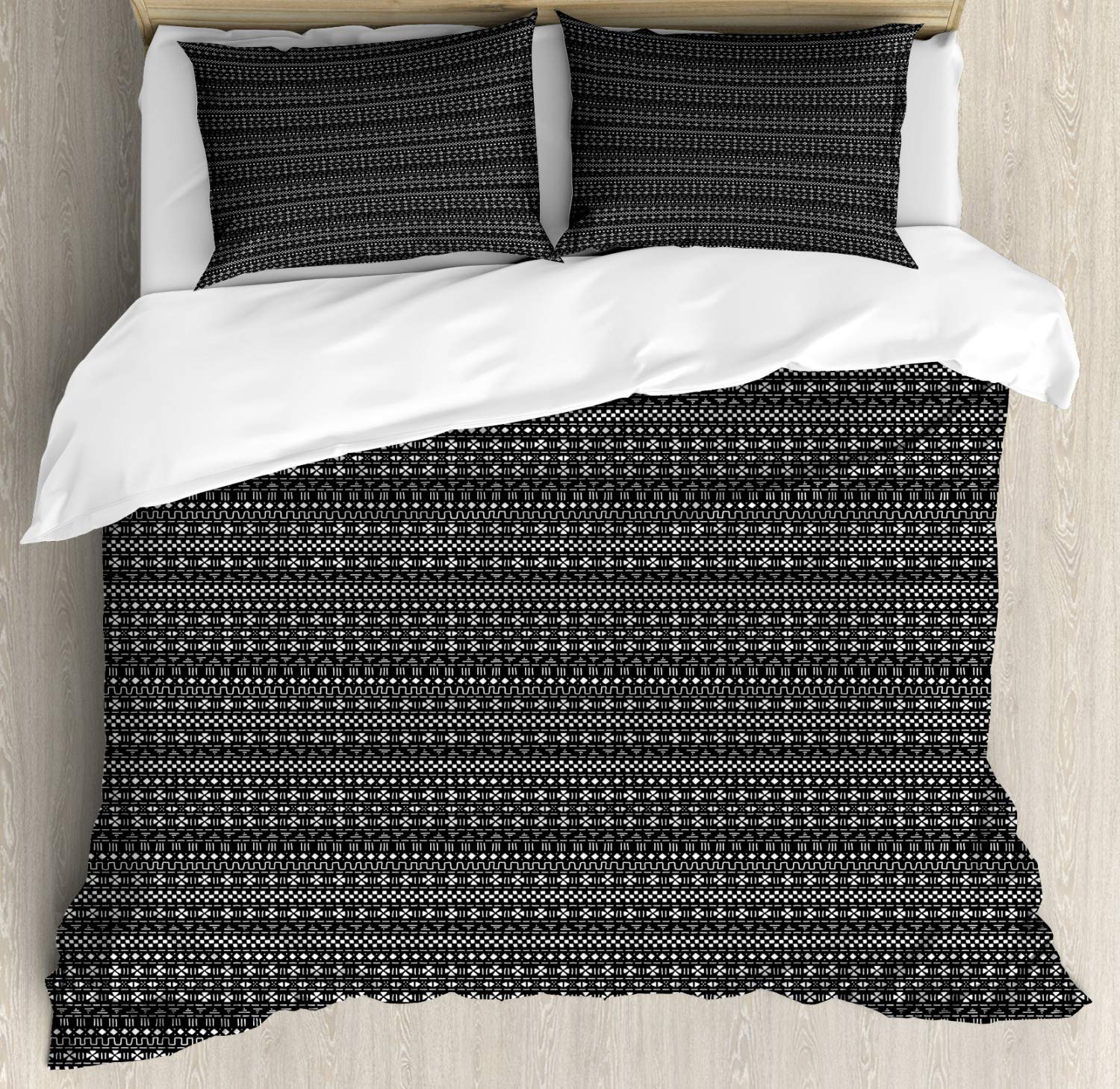 Ambesonne Bohemian Mudcloth Duvet Cover Set - Queen Size 2-Pack with Chevron Aztec Vintage Design, Black & White, Includes 2 Duvet Covers & 4 Pillowcases - Perfect for Bedroom Decor, Guest Room, and Bohemian Style Home Decor