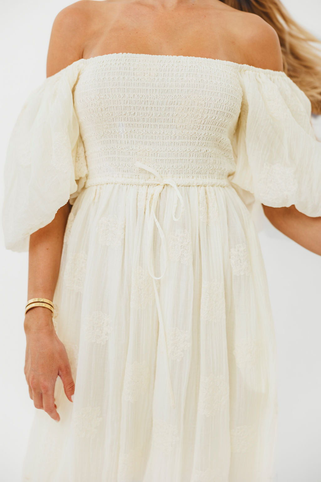 Aimee Women's Smocked Embroidered Floral Midi Dress in Ivory - Elegant Summer Party, Wedding Guest & Church Occasion Outfit
