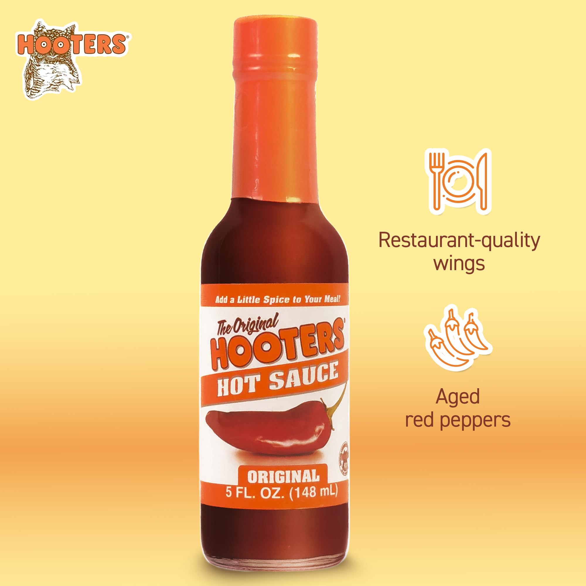 The Original Hooters Hot Sauce - 5 Fl Oz | Spicy Flavor Enhancer for Wings, Burgers & Seafood | Perfect for Spreads, Crackers, Dips & Cooking | Nutritionally Balanced & Easy to Use | Great for Parties, BBQs & Game Day Snacks