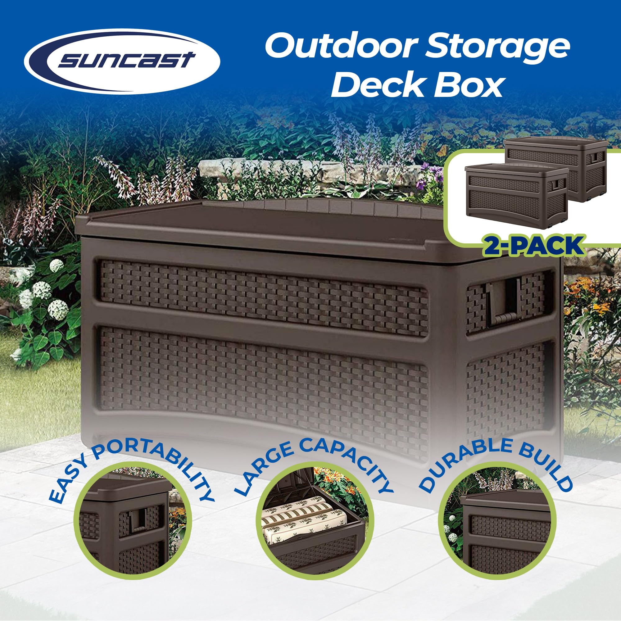 Suncast 73 Gallon Outdoor Patio Storage Chest with Handles & Seat - Java Brown (2 Pack) - Weatherproof Deck Box for Cushions, Pool Toys & Garden Tools Storage