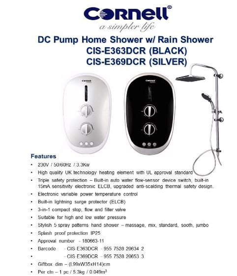 Cornell CISE363DCR BK/SIL Instant Shower with Rain Shower Head - DC Pump for Powerful Water Pressure - Perfect for Home, Bathroom, Spa & Relaxation