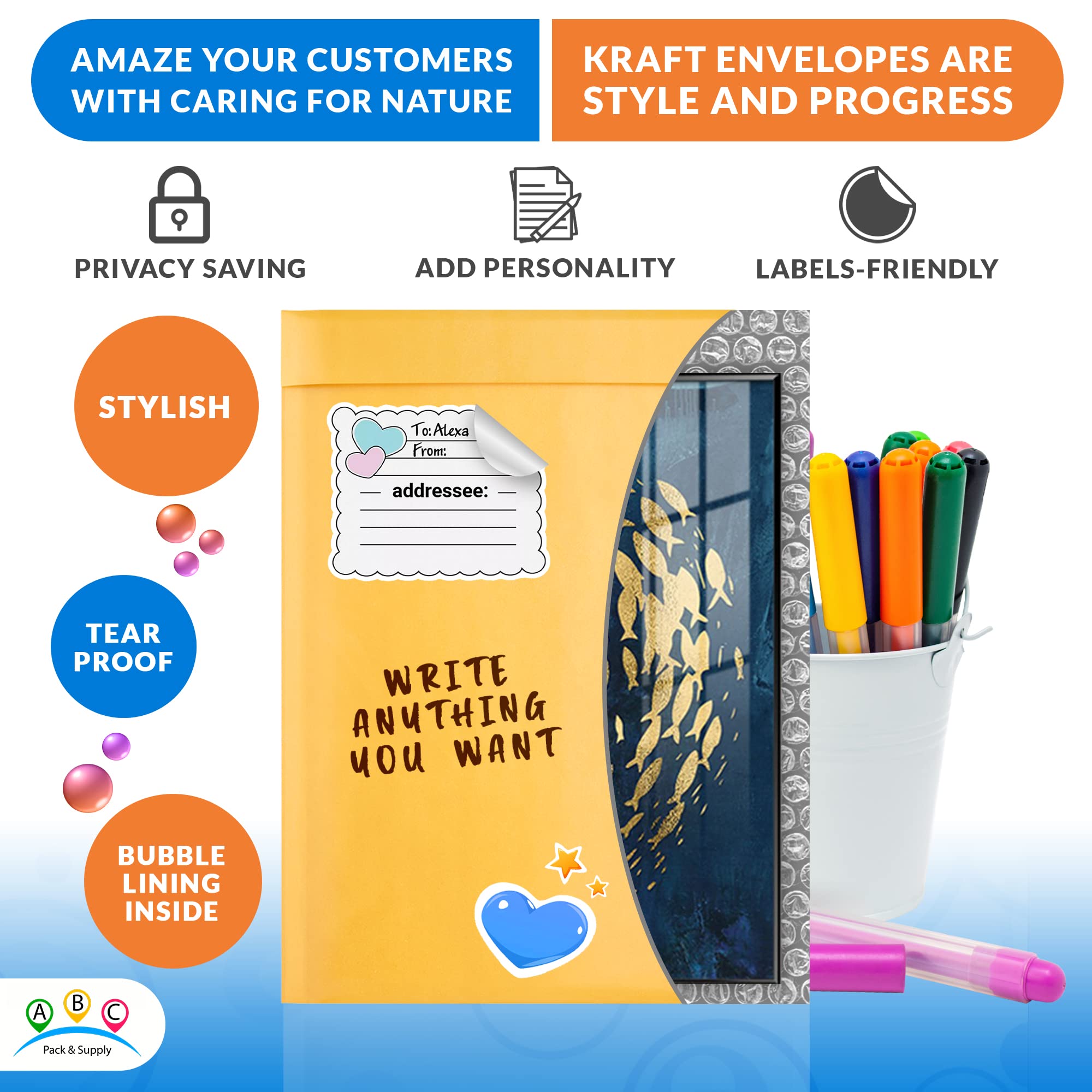 ABC PACK & SUPPLY 8.5x13 Inch Kraft Bubble Mailers - 400 Pack Yellow Self-Seal Padded Envelopes with Bubble Cushioning & Self-Adhesive Tape | Perfect for Shipping Small Items, Ecommerce Packages, Documents & Gifts