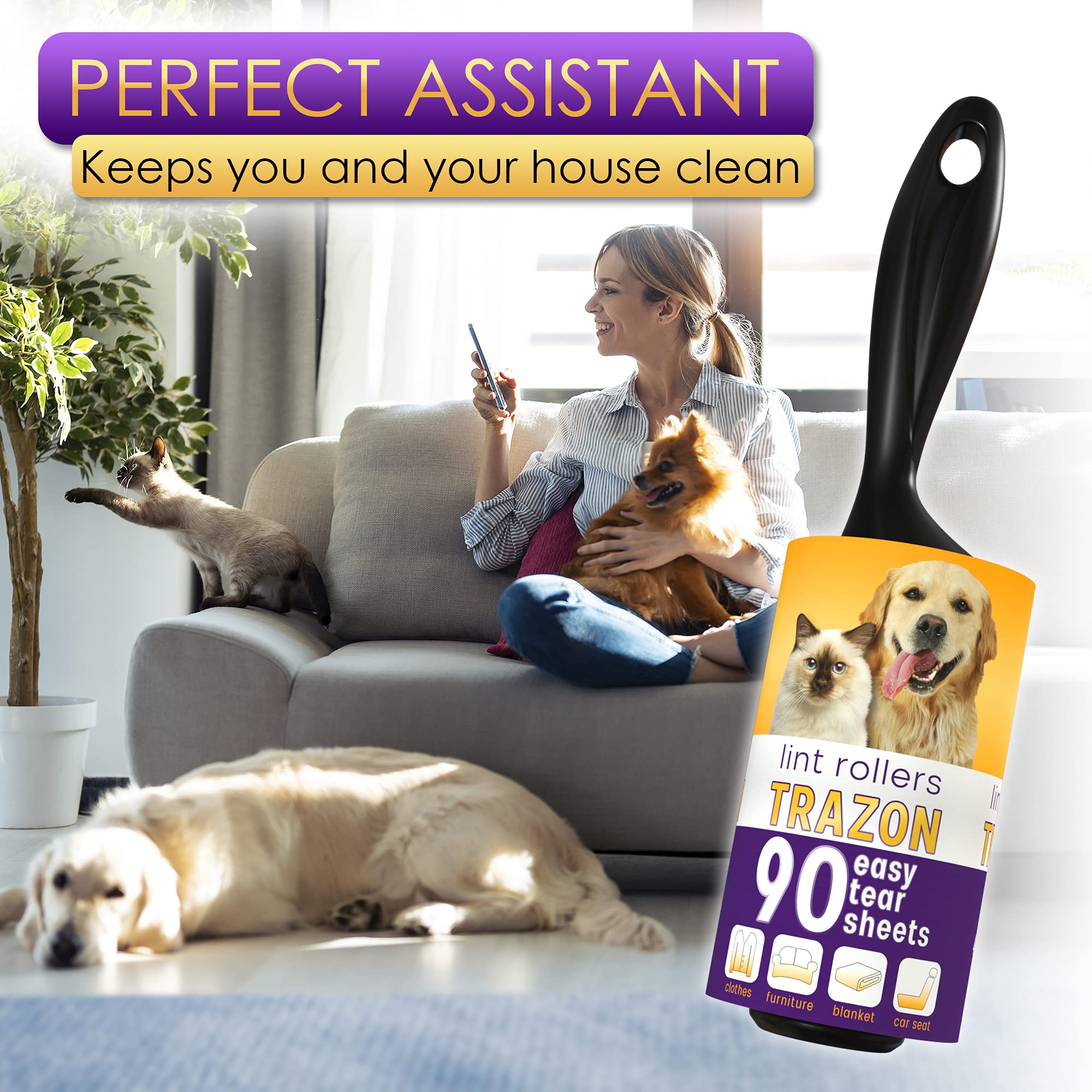 Premium Lint Rollers for Pet Hair - 450 Sheets & 5 Refills, Sticky Lint Remover for Dog & Cat Hair, Fuzz & Animal Fur - Large Fabric Roller for Clothes, Couch & Furniture - Perfect for Pet Owners & Home Cleaning