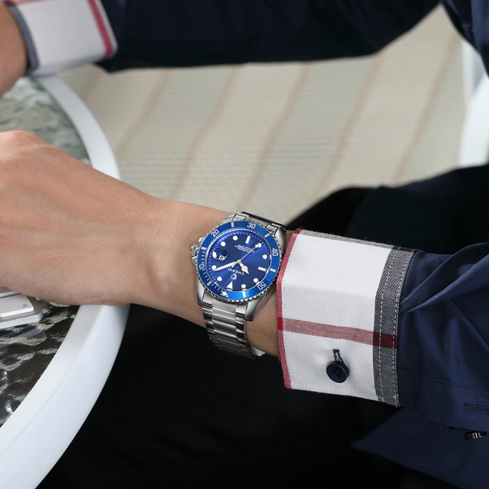 MASTOP Men's Rotatable Bezel Blue Dial Luminous Watch - Gold Stainless Steel Band Waterproof Analog Quartz Watch for Diving, Swimming & Outdoor Activities