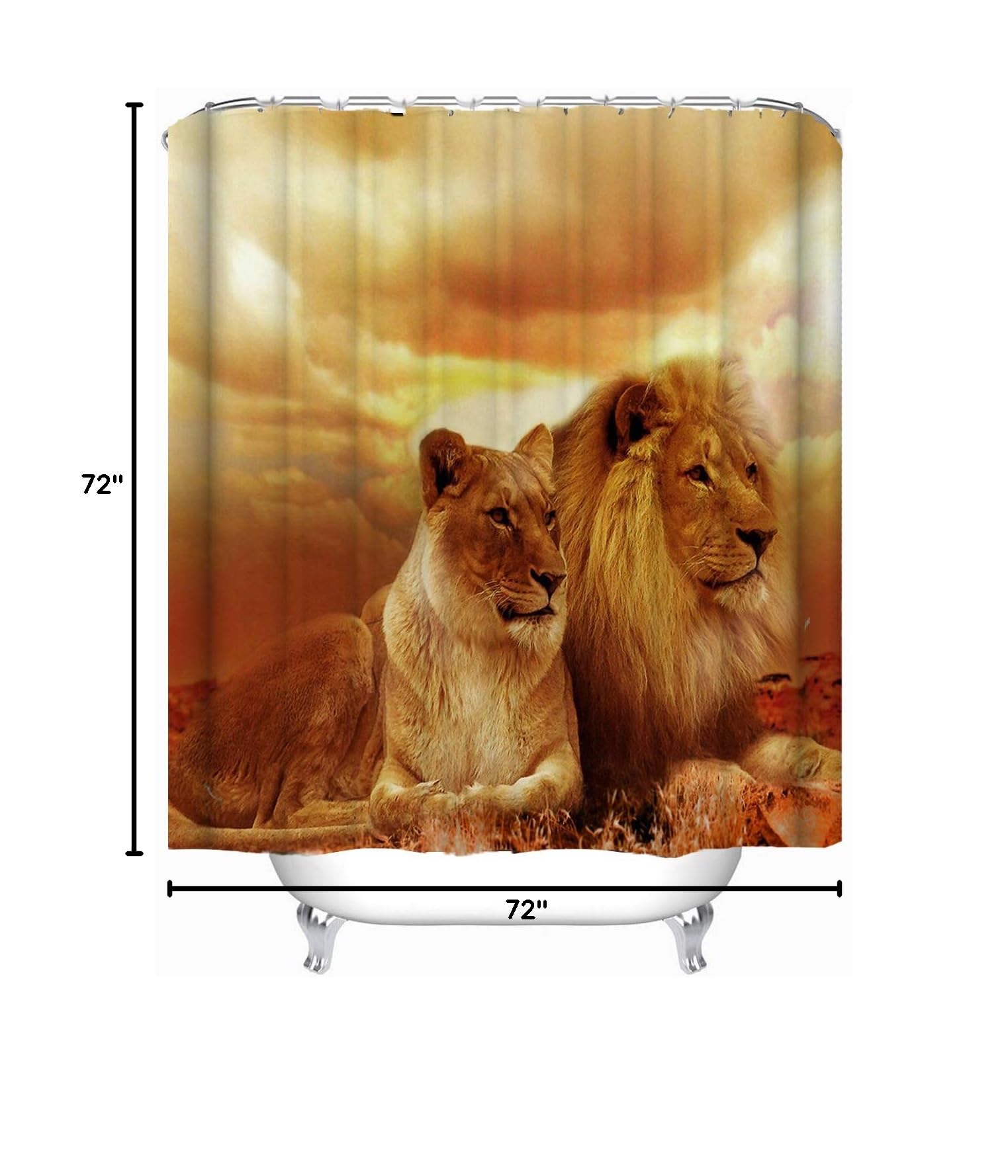 African Lion Couple Fabric Shower Curtain Set - Waterproof Washable Bathroom Decor with Hooks 72x72 Inches (Brown/Yellow) - Perfect for Jungle Theme Bathrooms, Kids' Rooms & Safari Decor