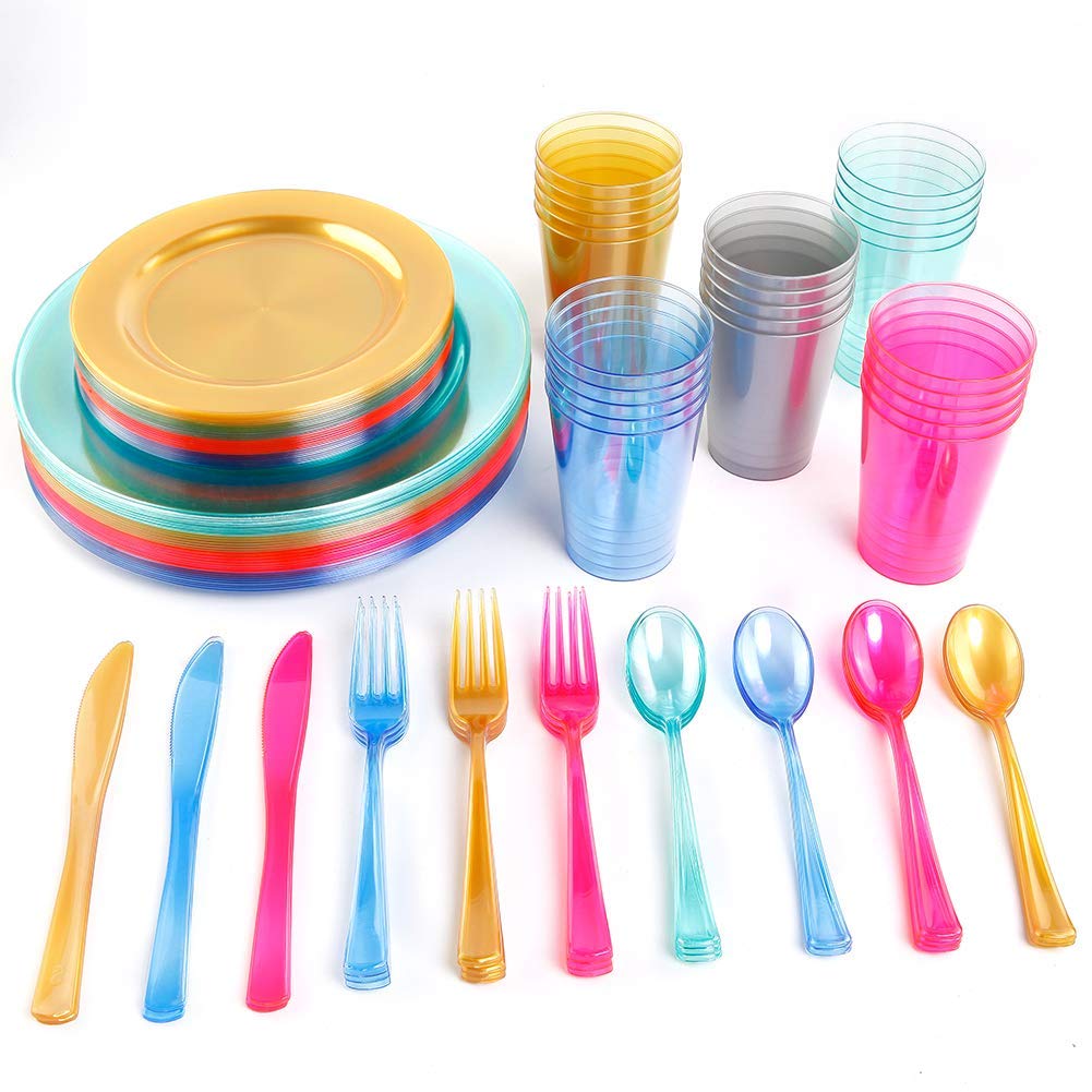 25-Pack Pink Disposable Dinnerware Set - 50 Plates, 25 Forks, 25 Knives, 25 Spoons & 25 Cups - Neon Clear Plastic Tableware for Easter, Baby Shower, Birthday Parties & Outdoor Events