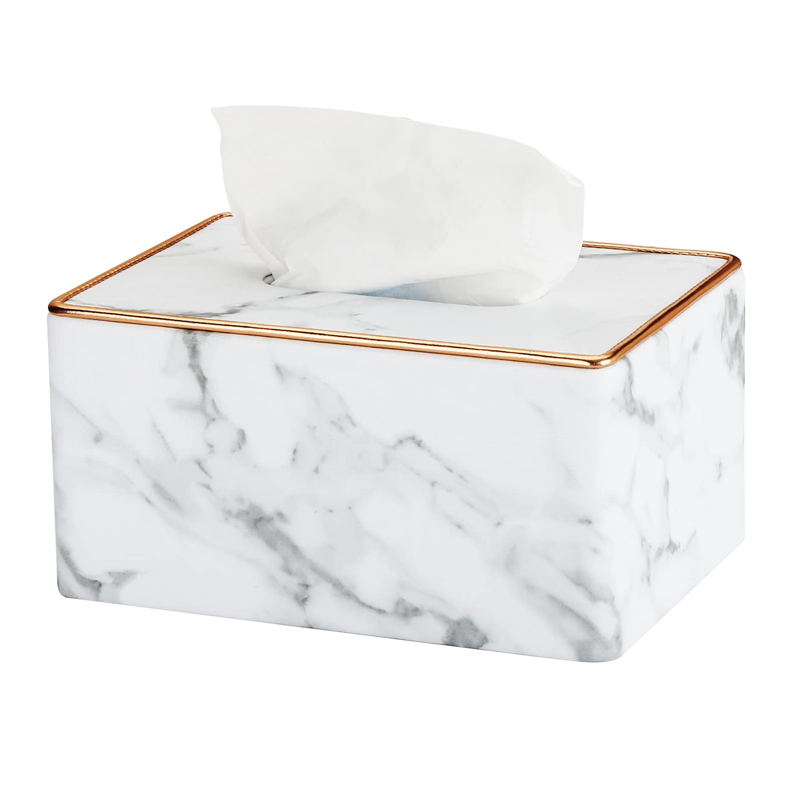 KINGFOM Rectangular PU Leather Tissue Box Cover - Gray Marble with Gold Trim | Elegant Home & Office Tissue Dispenser | Perfect for Living Room, Bedroom, Desk, Car Interior Decor