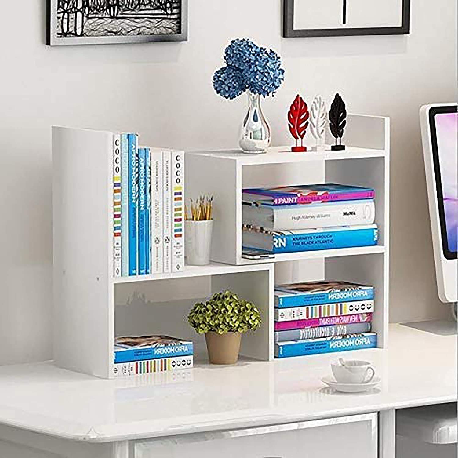 Expandable Wooden Desktop Bookshelf - Adjustable Office Organizer & Storage Rack for Books, Files, and Decor | Perfect for Home Office, Study Room, and Workspace Organization