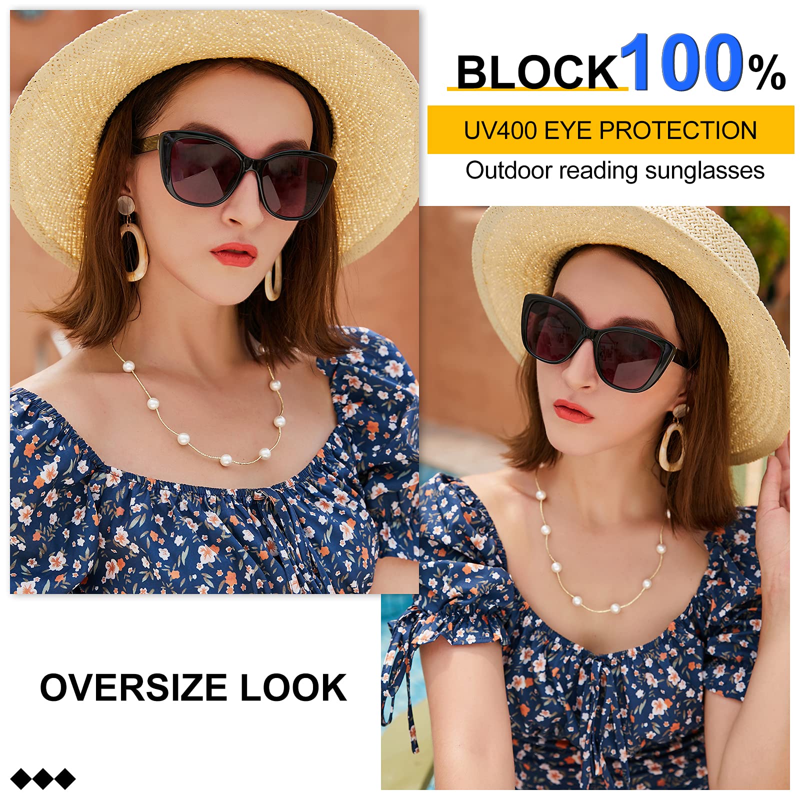 MARE AZZURO Cat Eye Reading Sunglasses for Women - Oversized Square Prescription Glasses (0 to 3.5 Magnification) - Stylish Black Frames 2.75 Strength - Perfect for Reading, Driving & Outdoor Activities