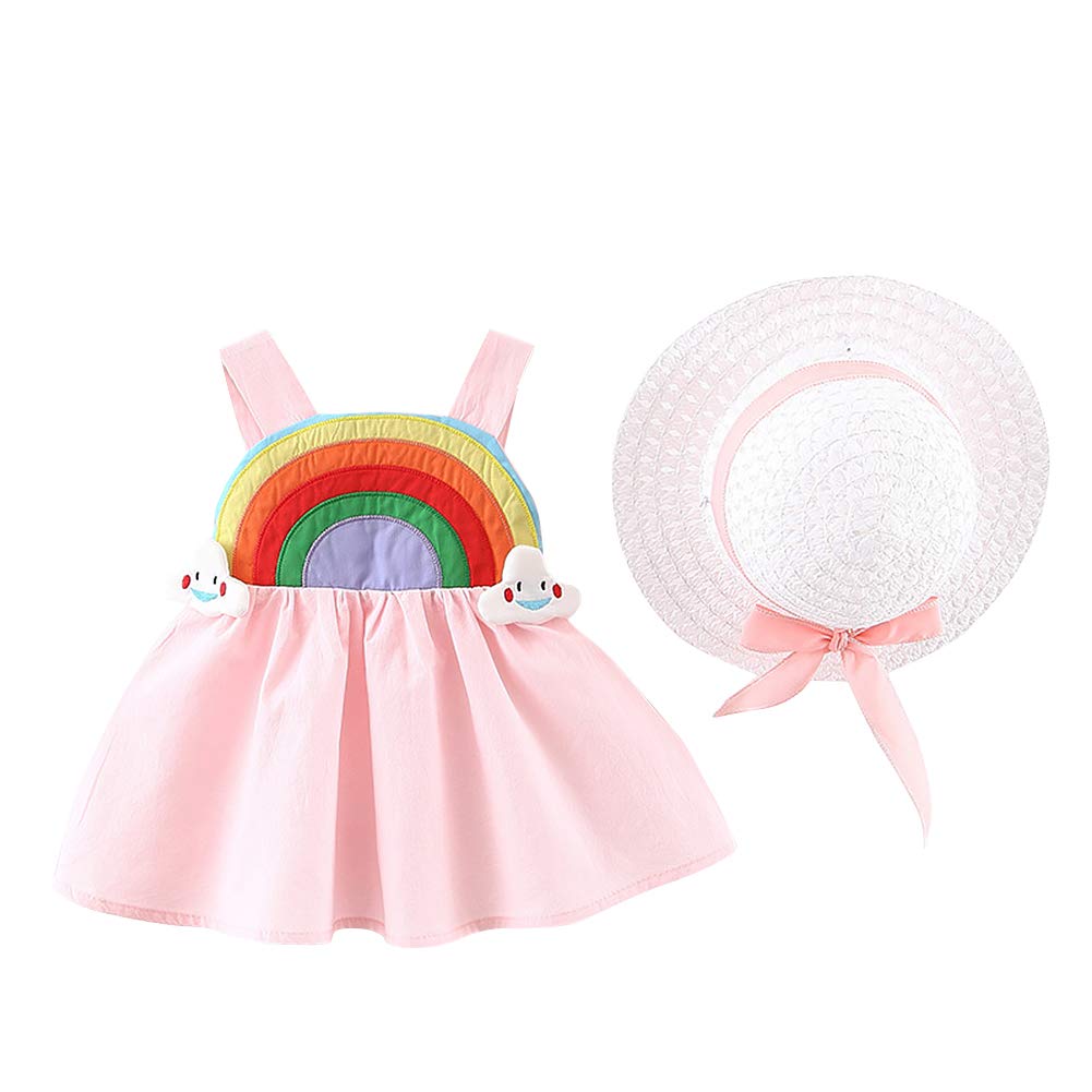 IDOPIP Baby Girl Tutu Dress - Sleeveless Backless Princess Party Sundress with Flower Bow & Straw Hat Set for Summer, Birthday, Photo Shoots & Beach Outings