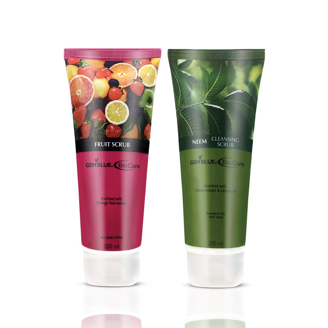 GEMBLUE BioCare Fruit & Neem Face Scrub Duo - 200ml Each | Natural Exfoliating Cleanser for Glowing Skin | Perfect for Daily Skincare Routine & Acne Treatment