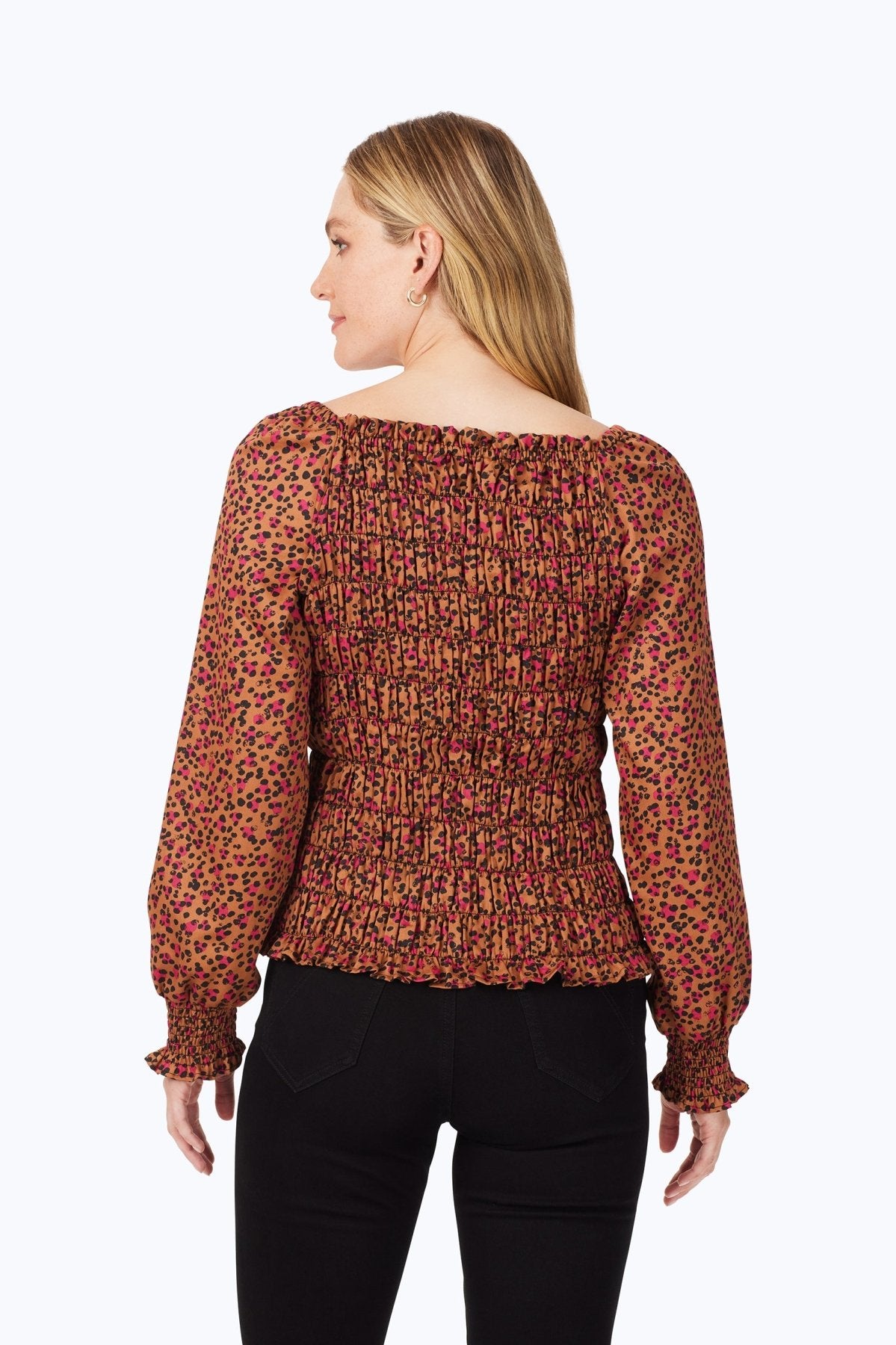Stylish Smocked Wild Cheetah Print Long Sleeve Blouse for Women - Perfect for Office Wear, Date Nights & Casual Outings