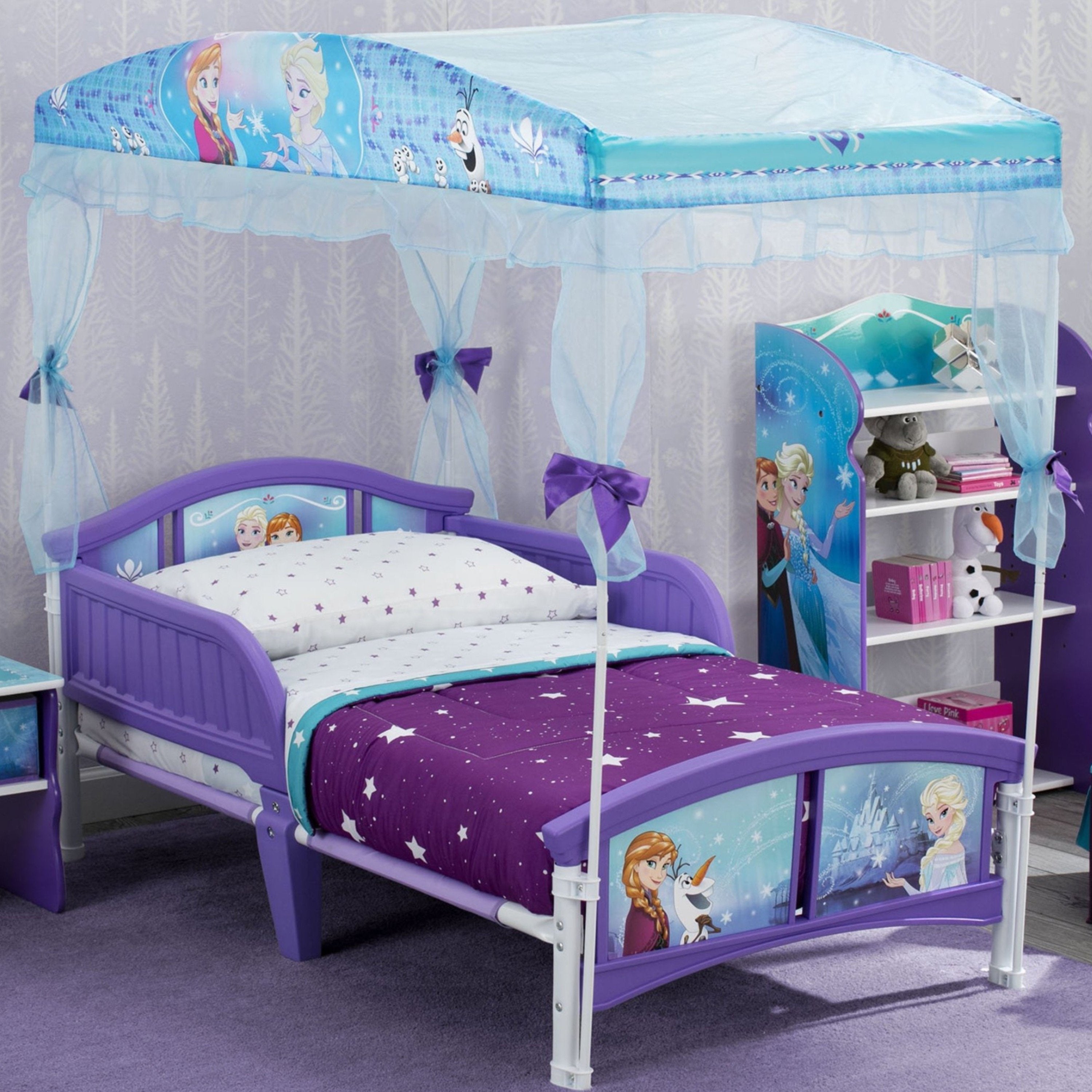 Frozen Themed Toddler Canopy Bed for Girls - Disney Princess Inspired Kids Bed with Mosquito Net - Perfect for Nursery, Bedroom Decor & Birthday Gifts
