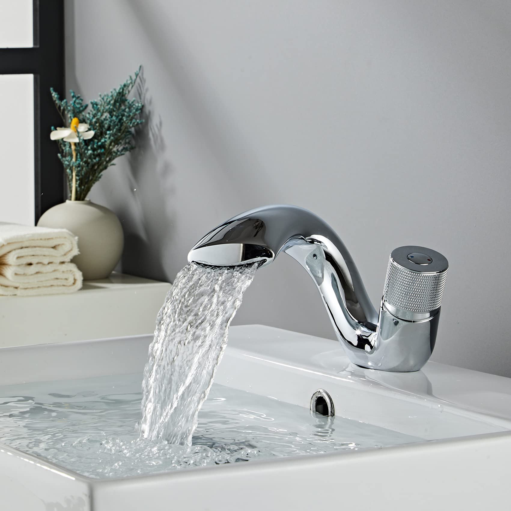 Wovier Waterfall Chrome Bathroom Sink Faucet with Supply Hose - Single Handle Single Hole Lavatory Faucet, Slanted Body Basin Mixer Tap for Commercial & Home Use - Perfect for Restaurants, Hotels, and Modern Bathrooms