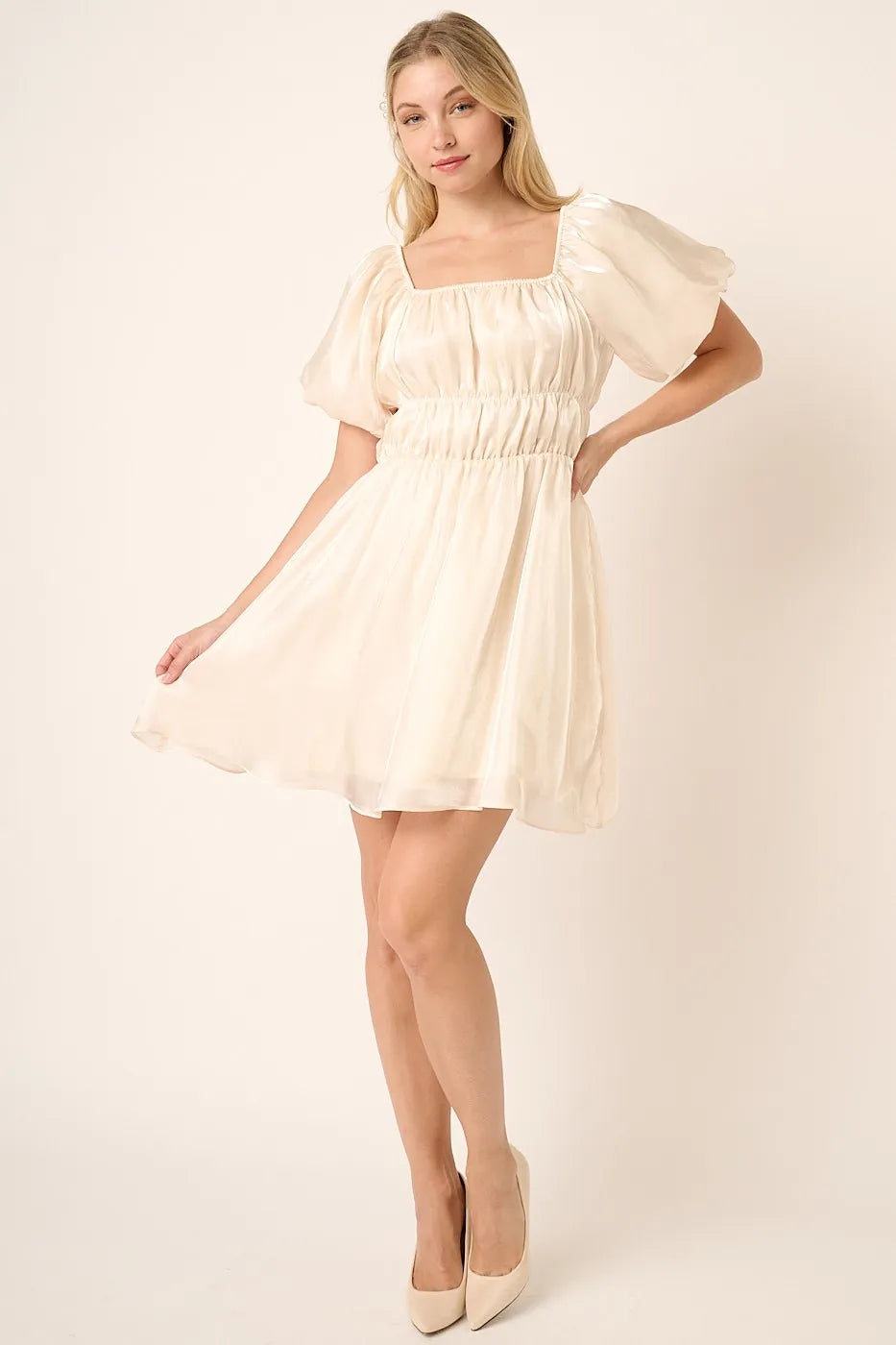 Elegant Metallic Organza Balloon Sleeve Mini Dress for Party, Wedding, Prom & Special Occasions | Shimmering Cocktail Dress for Women | Perfect for Evening Events, Date Nights & Celebrations