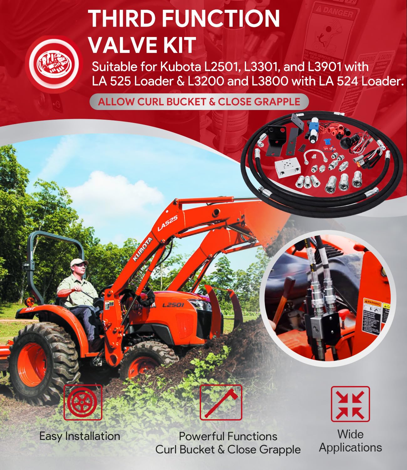 Third Function Valve Kit - Universal Hydraulic Control for Tractors & Loaders | Perfect for Snow Plowing, Landscaping & Heavy-Duty Farming Equipment