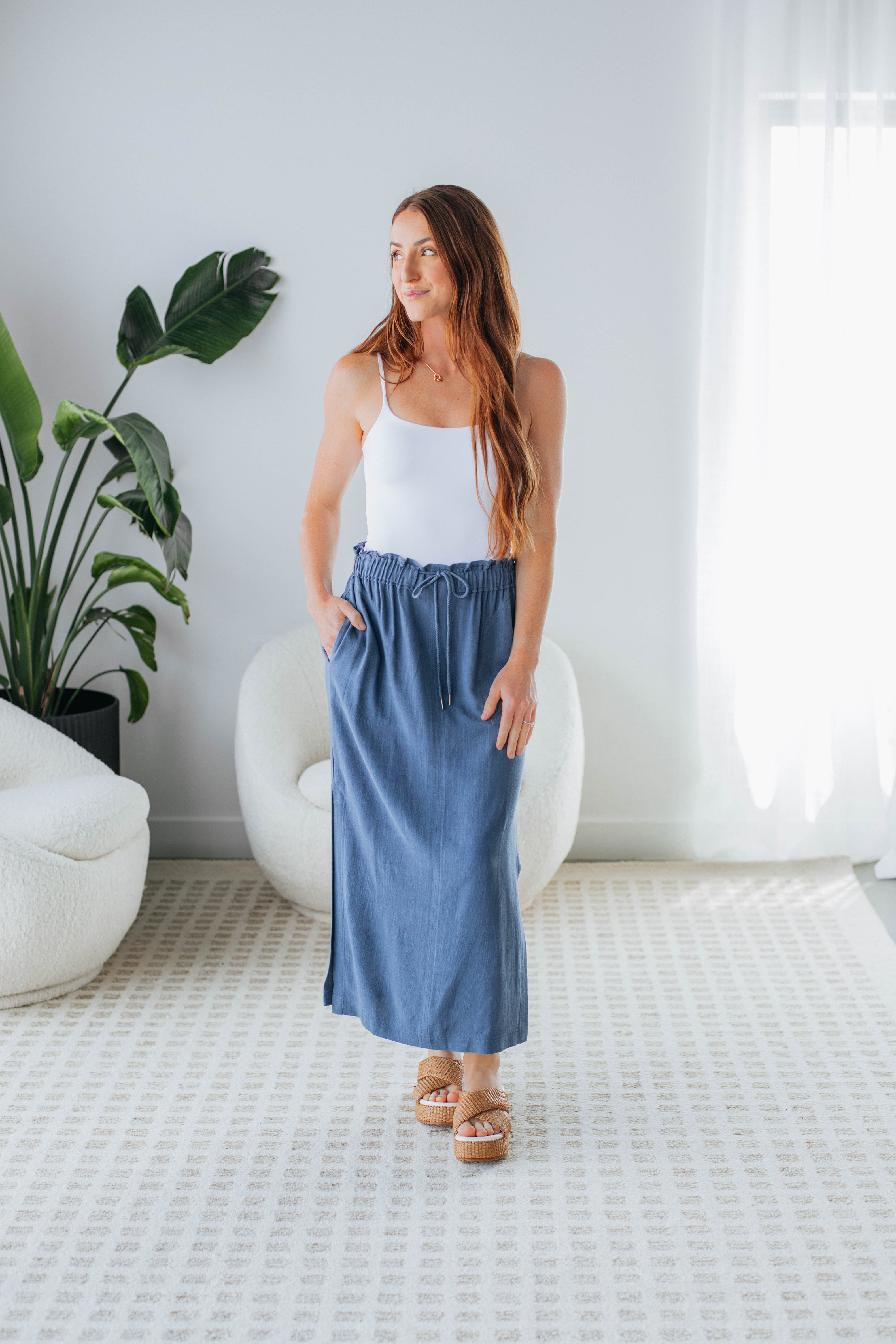 Emeline Midi Skirt for Women - Steel Blue Flowy A-Line Skirt with Pockets | Perfect for Office, Date Night & Summer Outfits