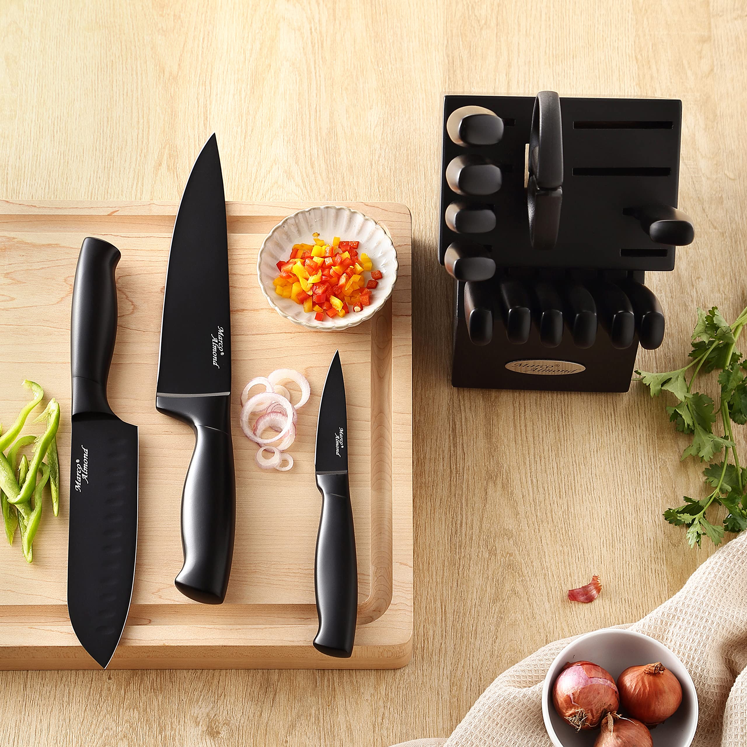Marco Almond® 17-Piece Stainless Steel Kitchen Knife Set with Block & Sharpener MA23 – Professional Chef Knives for Cooking, Slicing, Dicing – Perfect for Home Kitchens & Culinary Enthusiasts
