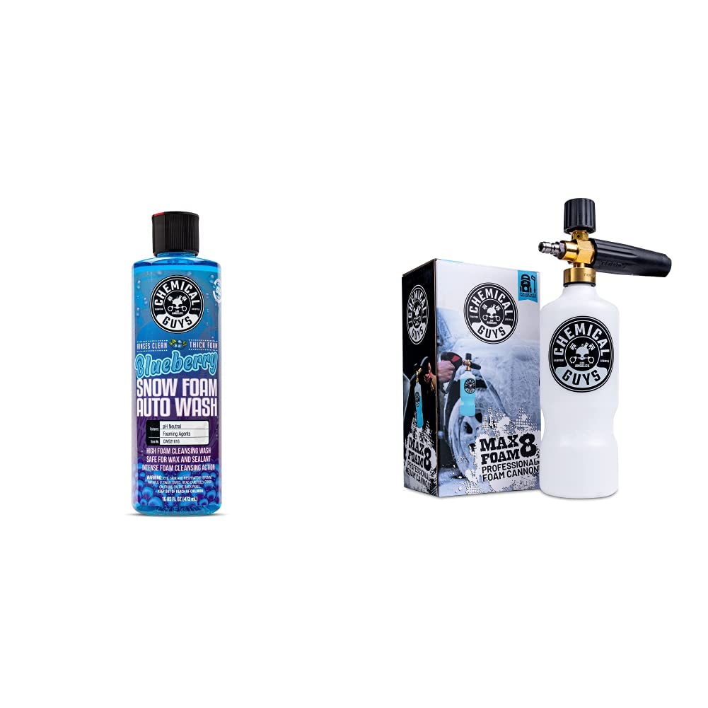 Chemical Guys CWS21616CS Foam Cannon & Snubny Snow Foam Kit - Blueberry Scented Car Wash Soap (16 oz) + TORQ Foam Cannon Max 8 & Snubby Spray Foam Gun for Pressure Washers - 3-Piece Car Detailing Kit - Perfect for Foam Wash, Deep Cleaning, and Vehicle Maintenance