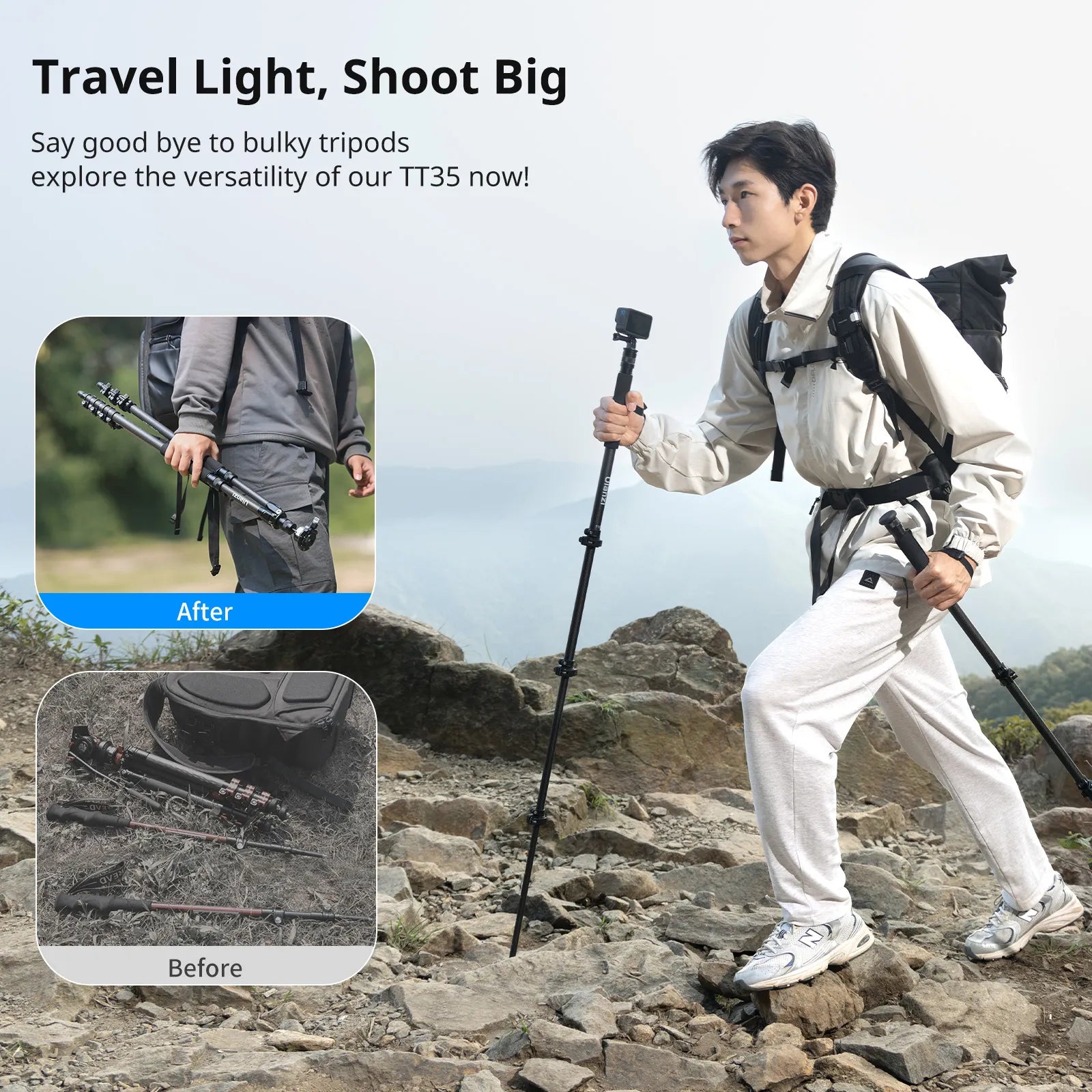 Ulanzi TT35 Lightweight Hiking Stick Tripod Kit - Adjustable Monopod & Camera Stand for Outdoor Photography, Vlogging, and Travel Adventures