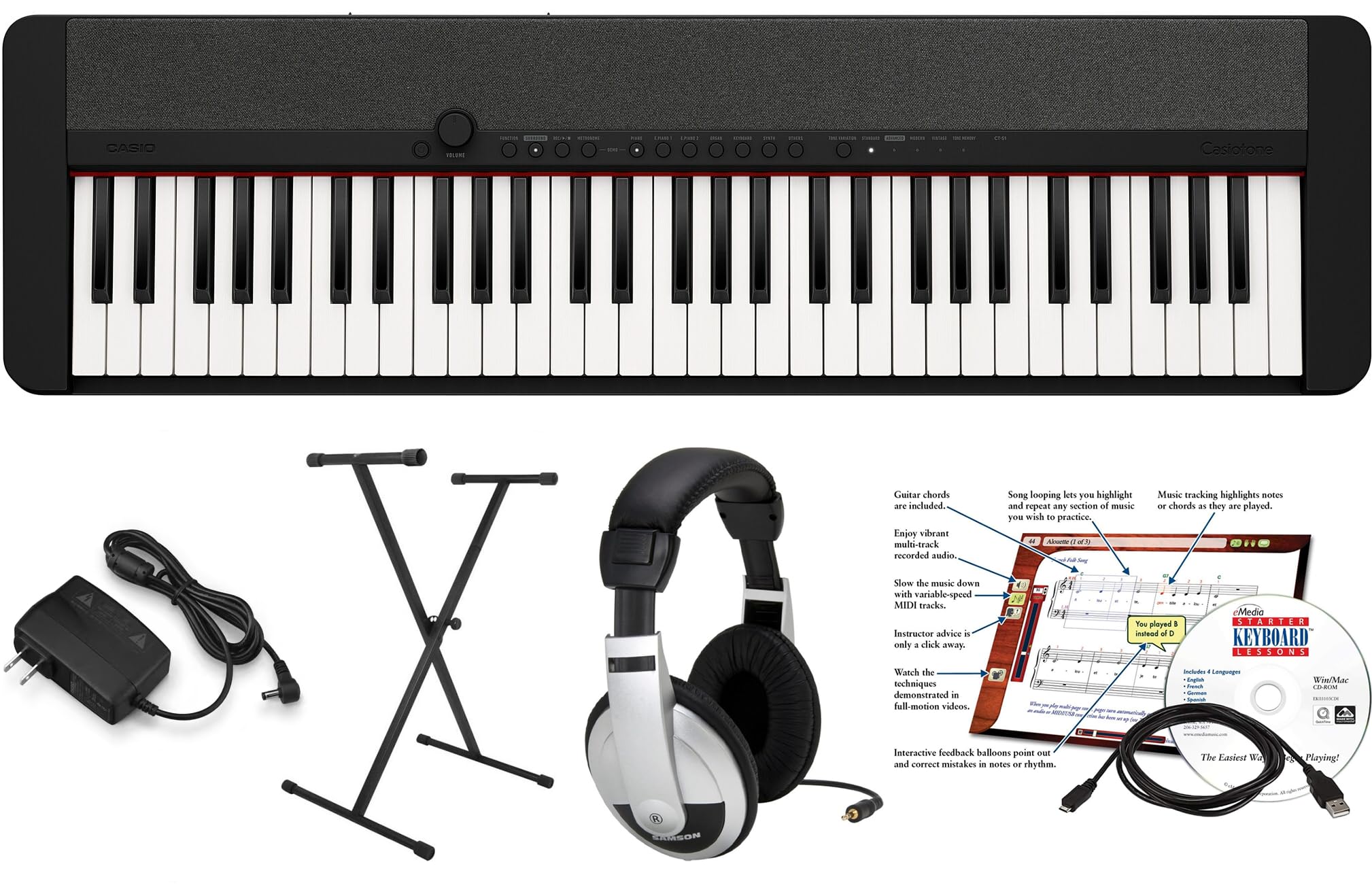 Casio CTS1BK Digital Piano Keyboard Bundle with Stand, Learning Software, AC Adapter & Headphone - Perfect for Beginners, Home Practice & Music Education