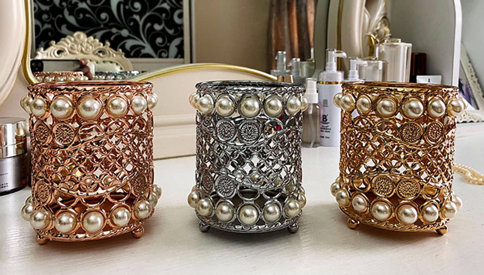 Gullor Handcrafted Pearl Makeup Brush Holder Organizer - Gold Cosmetic Storage Box for Eyebrow Comb Brushes, Pens & Pencils | Vanity, Bathroom, Bedroom & Office Desk Decor