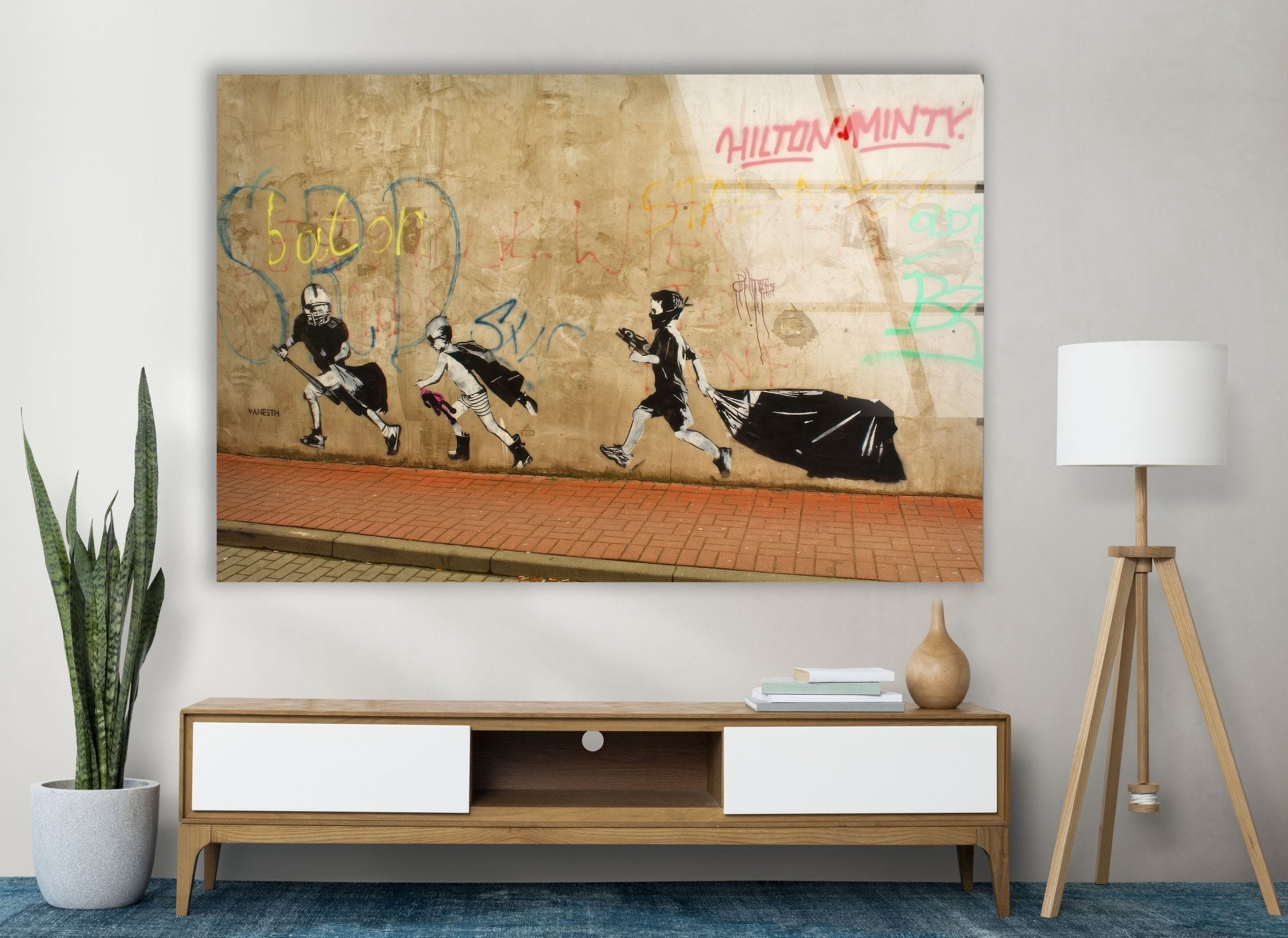 Banksy Boys Heroes Glass Wall Art - Modern Street Art Decor for Living Room, Bedroom & Office - Unique Gift for Art Lovers