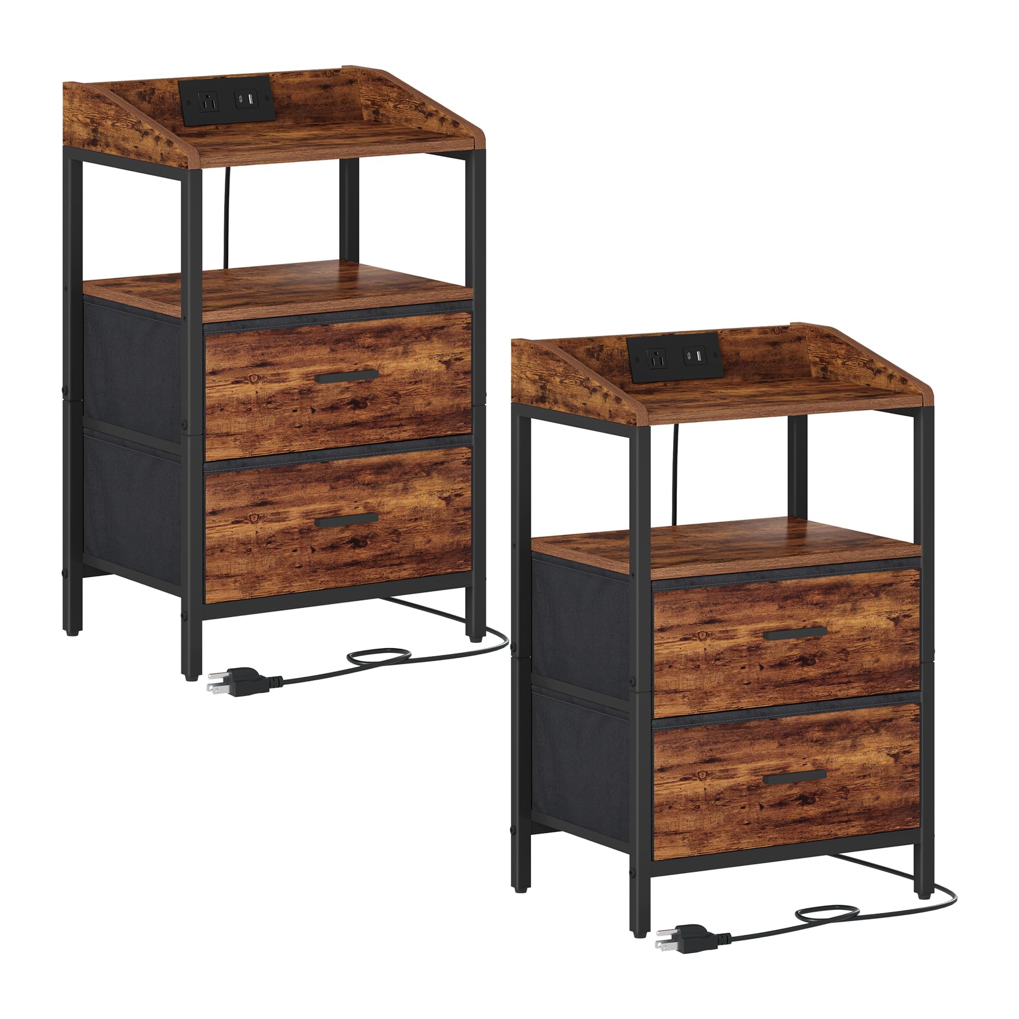 Modern Nightstand with USB Ports & Power Outlets - Rustic Brown End Table with Storage for Bedroom