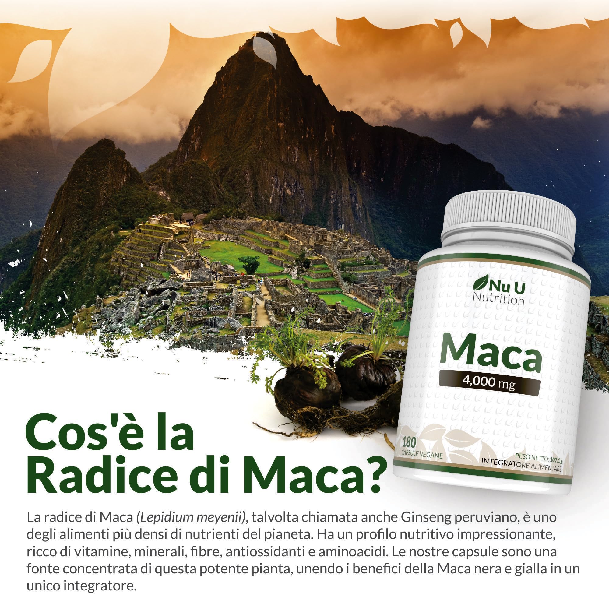 Black Peruvian Maca Root 4000mg - 180 Vegan Capsules (6-Month Supply) - 130mg Andean Maca per Capsule - Energy & Vitality Supplement for Men & Women - Nu U Nutrition - Boost Stamina, Libido & Overall Wellness