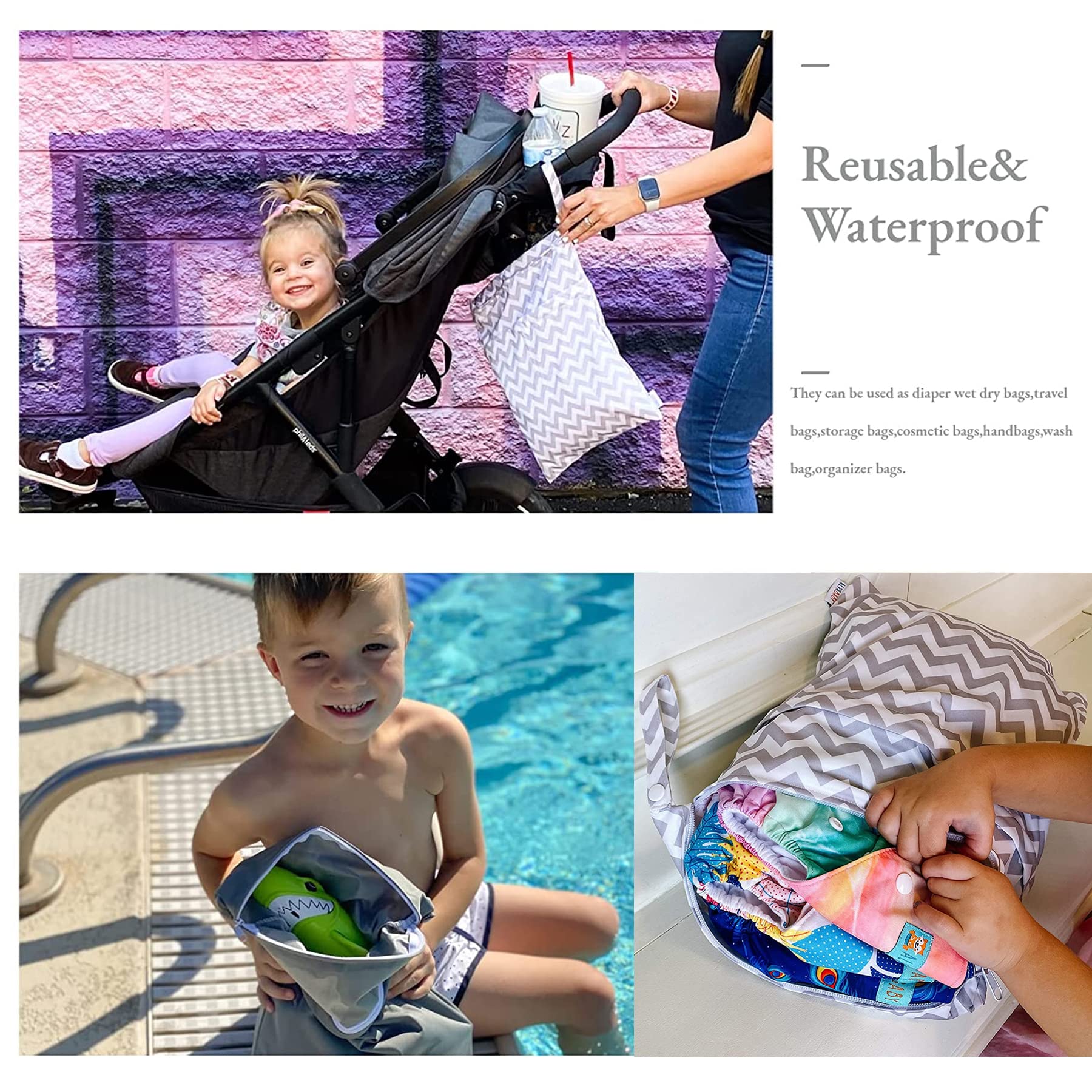 ALVABABY Waterproof Wet Dry Bags - 3 Pack Reusable Travel Storage with 2 Pockets for Swimsuits, Wet Clothes & Baby Diapers - Perfect for Beach, Pool, Gym, Yoga & Daycare Essentials
