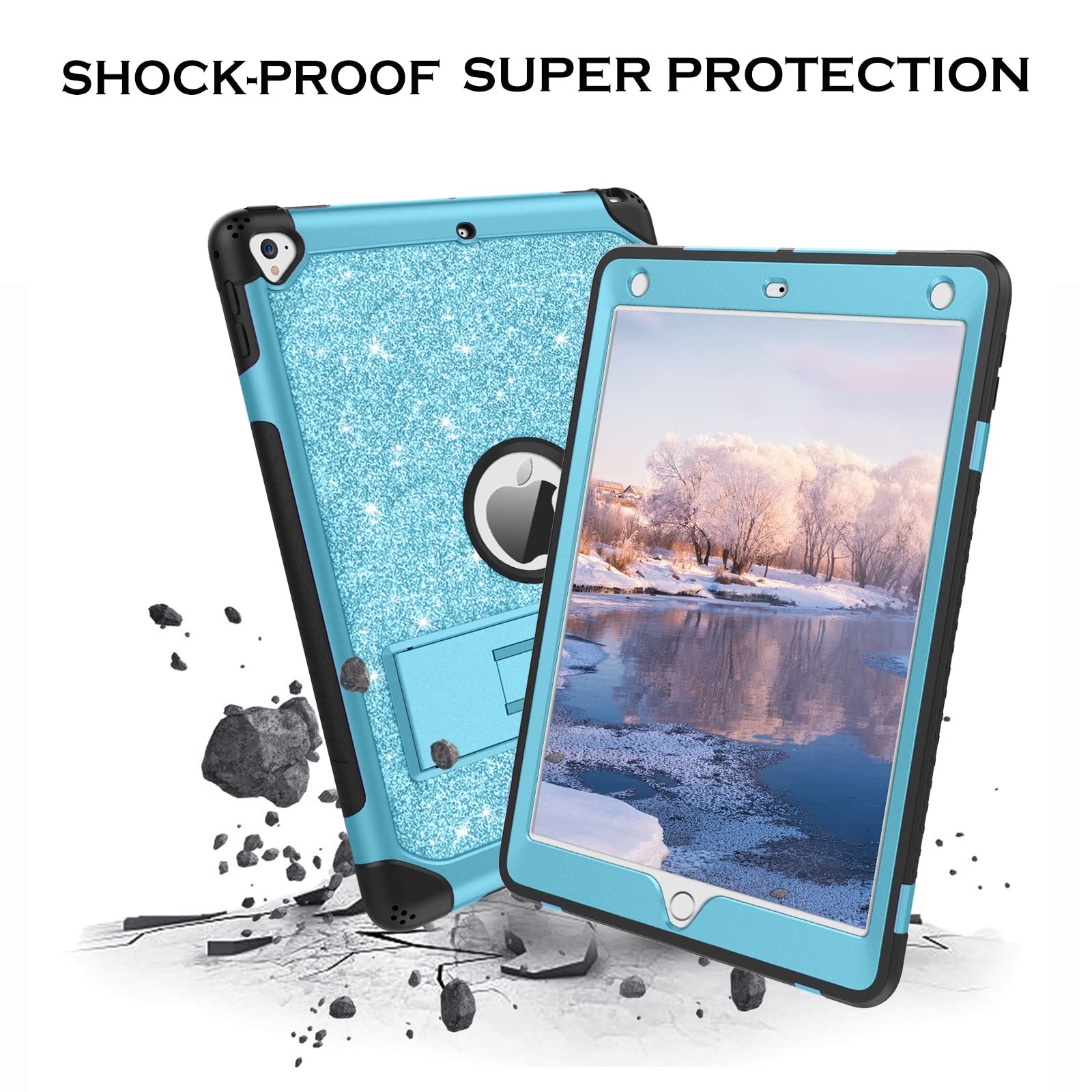 YINLAI Shockproof Protective Case for iPad 9.7 Inch (6th/5th Gen & Air 2) - Glitter Bling Kickstand Cover for Kids, Women & Girls - Perfect for School, Travel & Daily Use - Blue