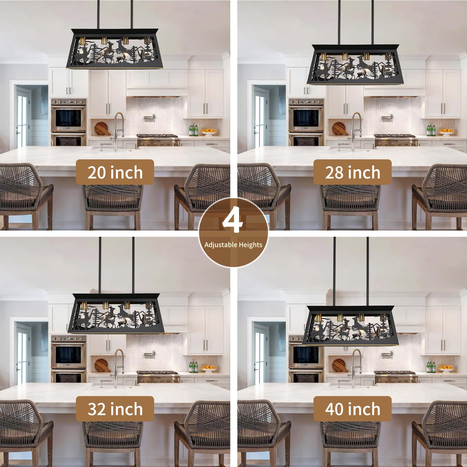 Rustic Black Rectangle Farmhouse Chandelier - 24-Inch 4-Light Deer Design Pendant Lighting for Dining Room, Kitchen Island & Table - Perfect for Country Homes, Cabin Decor & Farmhouse Style Interiors