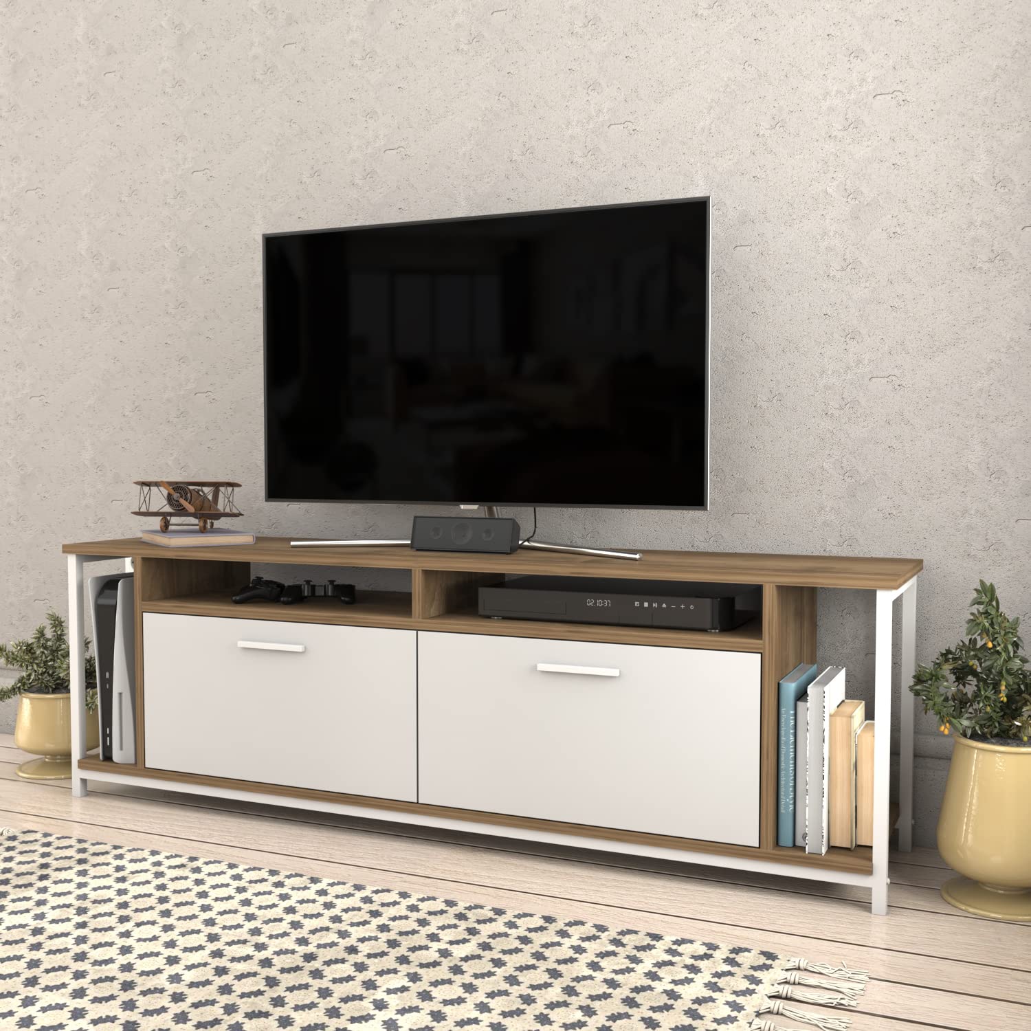 Decorotika Omar TV Stand Media Console for TVs Up to 72 Inch - Modern Walnut Entertainment Center with Storage Shelves - Perfect for Living Room, Home Theater & Apartment Decor