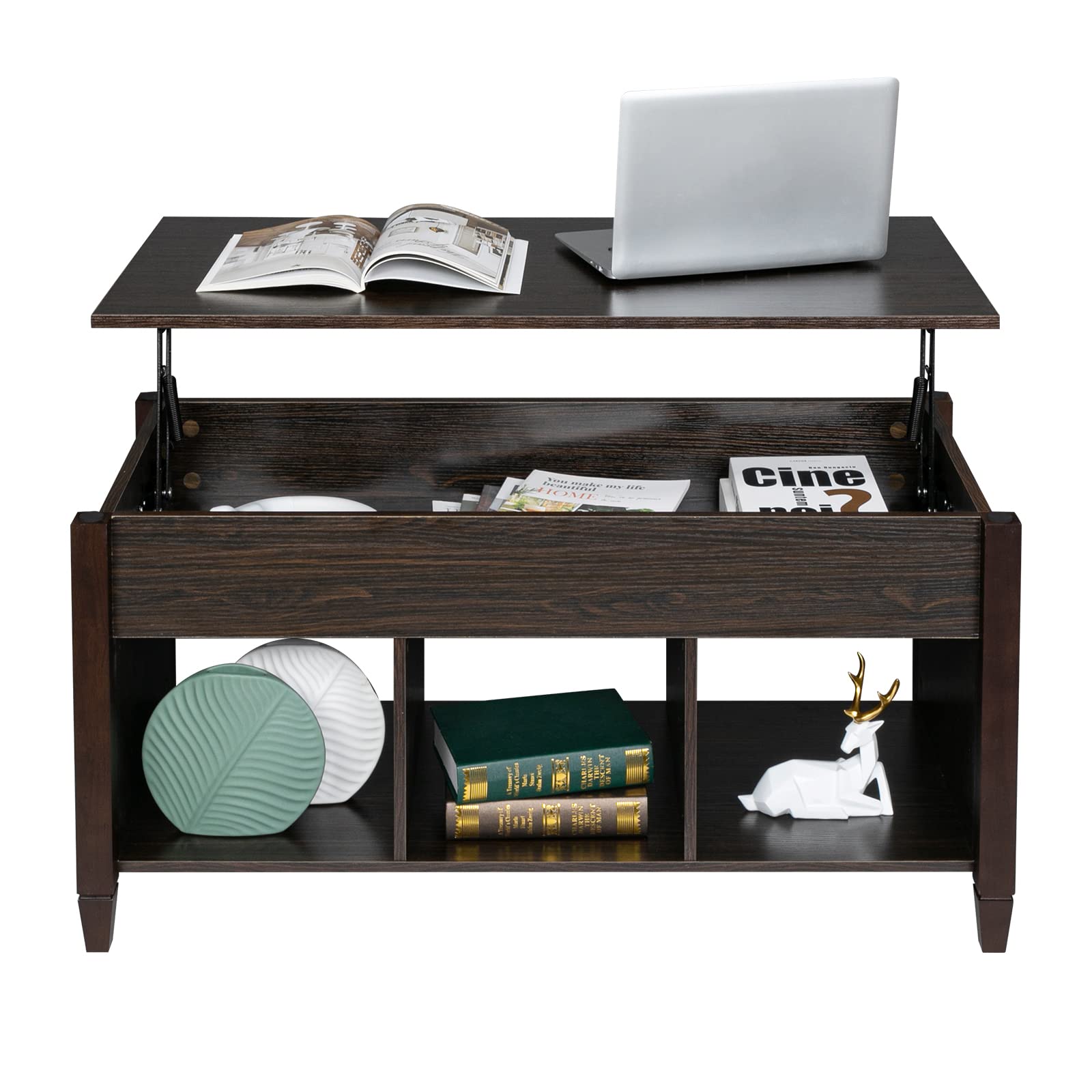 Modern Lift Top Coffee Table with Hidden Compartment & 3 Open Shelves - Storage Ottoman for Living Room, Office & Reception Areas - Perfect for Small Spaces & Entertaining (Brown)