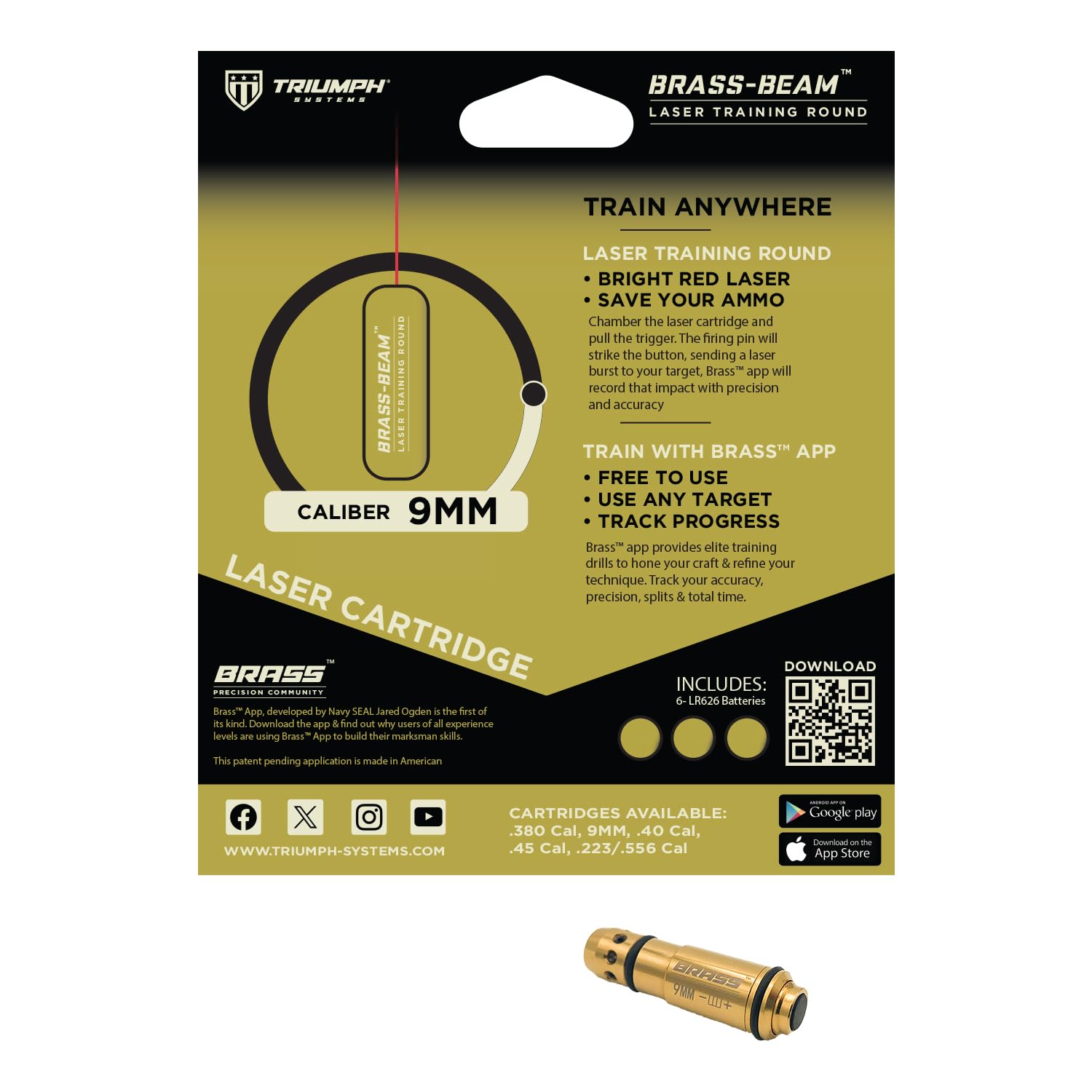 Triumph Systems Brass Beam Dry Fire Training Laser for 9mm Pistols - Improve Shooting Accuracy & Practice Safely at Home or Range