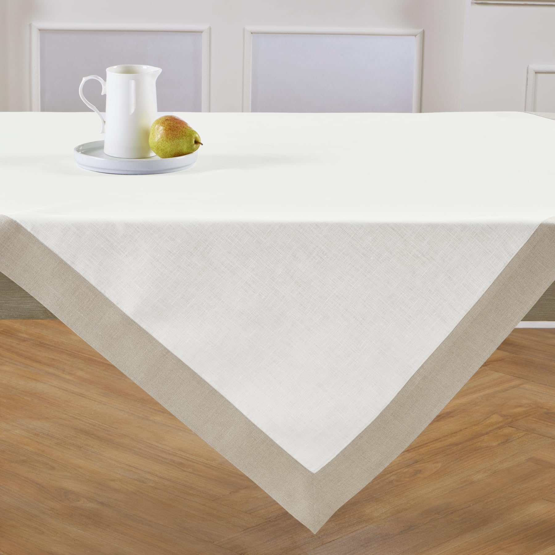 Solino Home 100% Pure Linen Tablecloth 52x52 Inch - Natural & White Square Table Throw - Machine Washable Contemporary Table Cover for Wedding, Party, Dining Room & Outdoor Picnic Decor