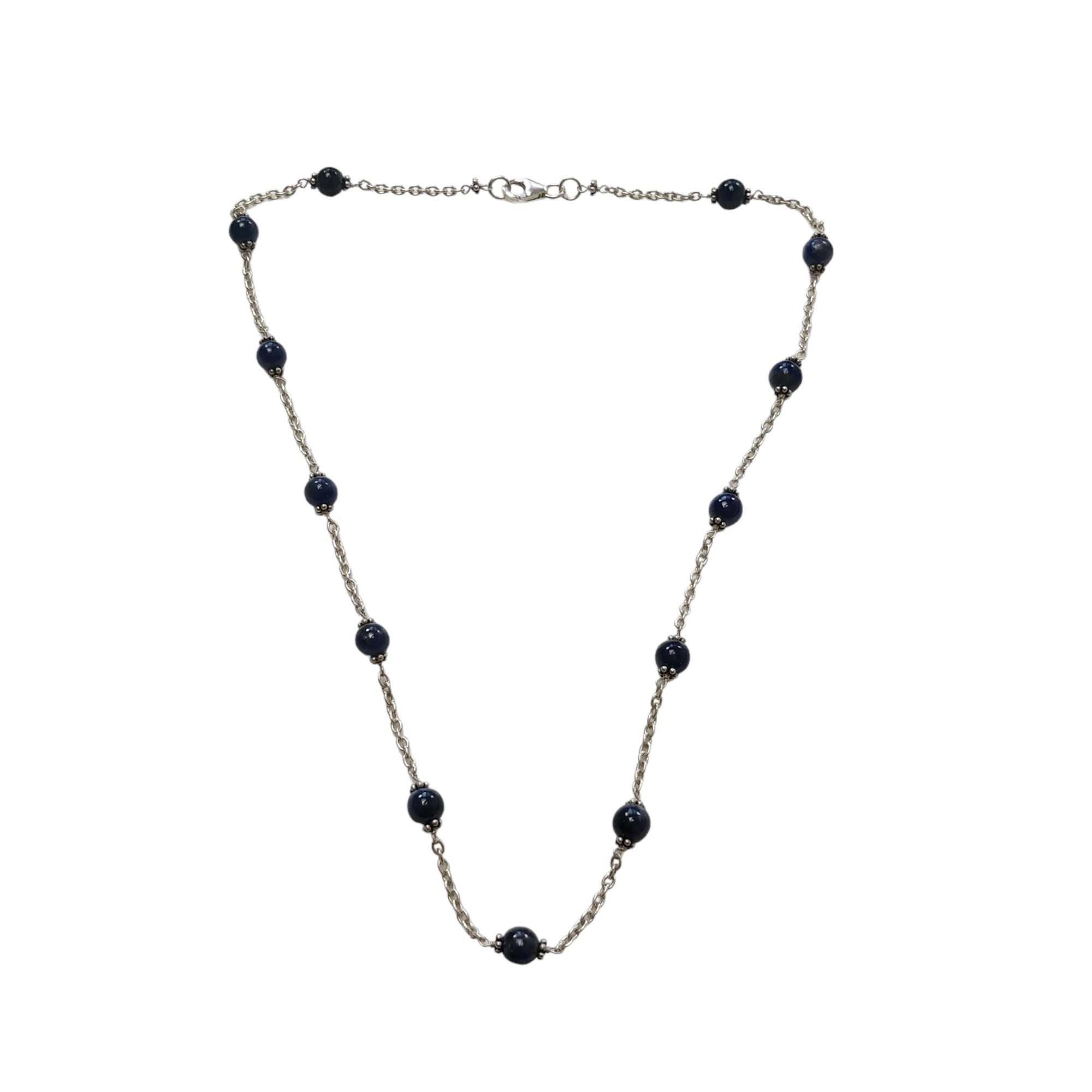 Natural Blue Sapphire Gemstone Beaded Necklace - 925 Sterling Silver Plain Beads with 13.82gms Genuine Sapphire Cabochon | Elegant Jewelry for Women, Perfect for Weddings, Parties & Special Occasions