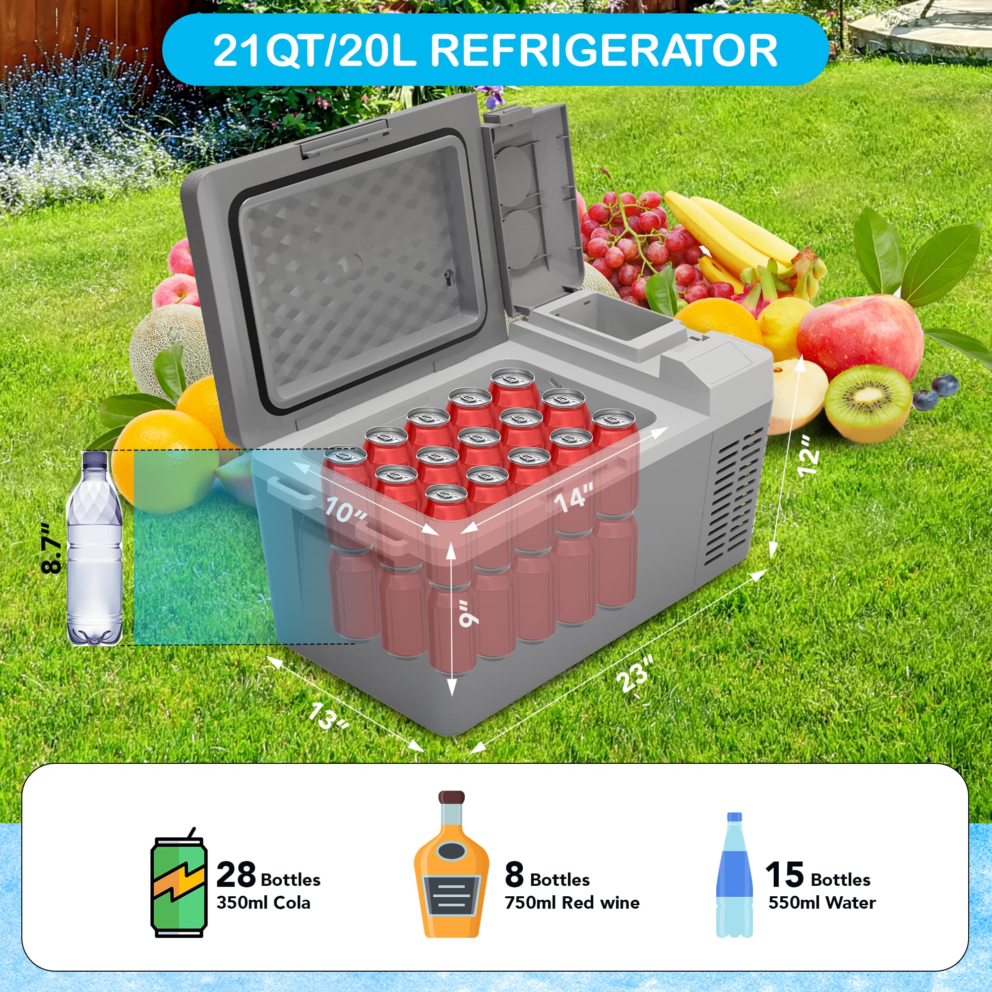 Portable 12V/24V Car Fridge Freezer - 21QT (20L) Electric Cooler for Camping, Travel, Truck & Home Use - Dual Power 110-240V AC/DC - Compact Refrigerator for Road Trips, Picnics & Outdoor Adventures