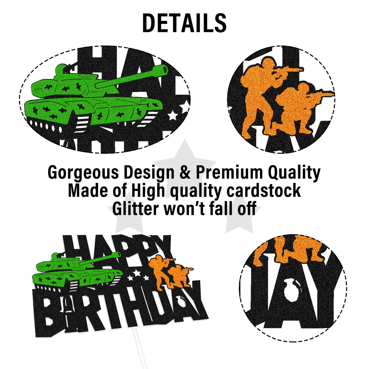 Army Camo Happy Birthday Cake Topper - Double Sided Black Sparkle Tank Decor for Kids, Boys & Girls | Military Soldier Themed Birthday Party Supplies | Perfect for Camouflage Army Themed Celebrations & Cake Decorations